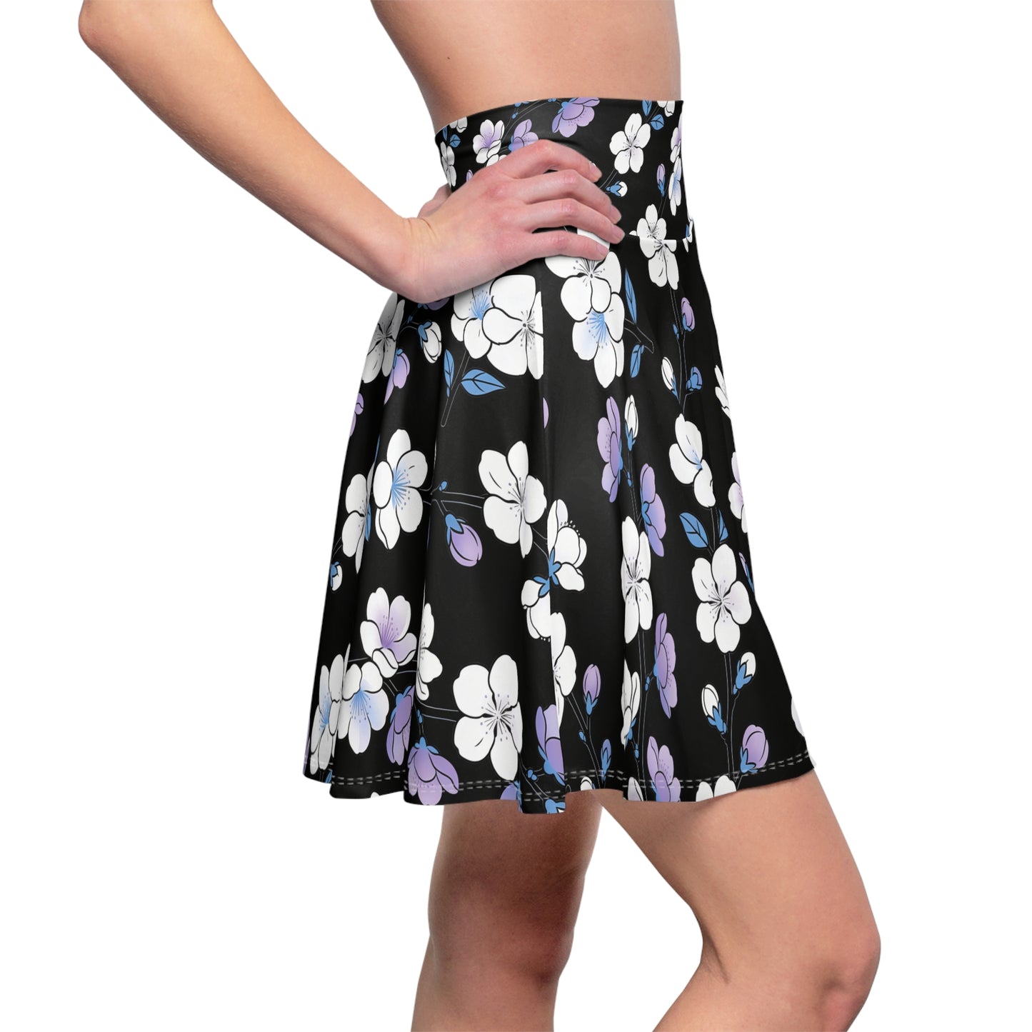 Purple White Floral Pattern Skater Skirt | Black Background