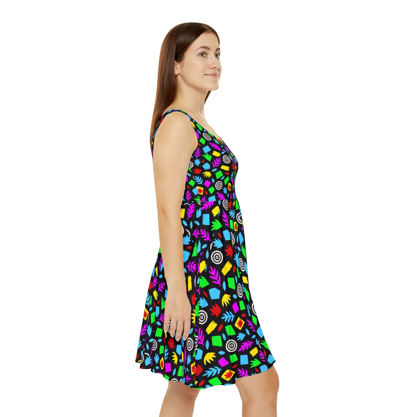Neon Geometric Candy Pattern Skater Dress | Bright All-Over Print