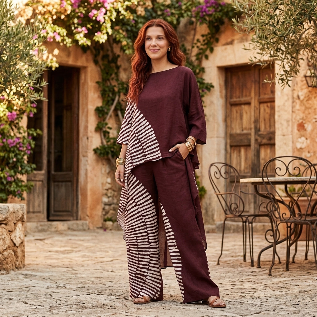 Going Out Sets Women | Burgundy Stripe Asymmetric Palazzo Co-Ord Evening Set