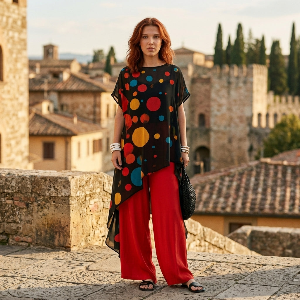 Two Piece Set Women | Black Multicolor Circle Print Chiffon Top & Red Wide Leg Palazzo