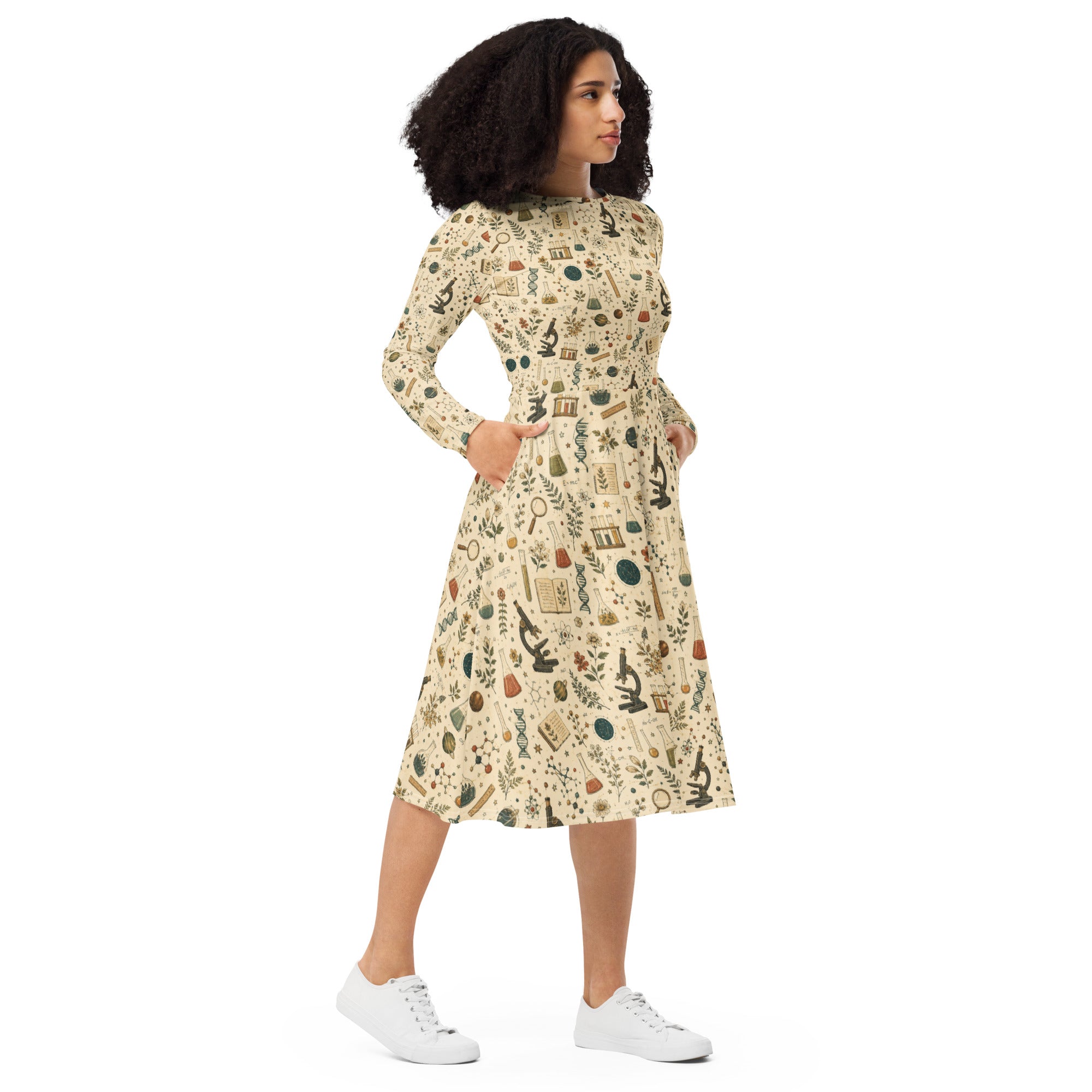 midi dress for teachers Science Teacher — Long Sleeve Botanical Lab Print | Biology & STEM Classroom Dress What do guys wear Size:5.5 A science teacher midi wedding guest fashion