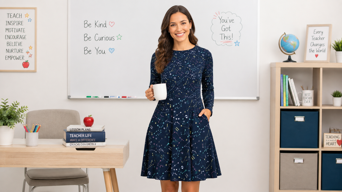 A smiling teacher in a navy blue long-sleeved dress with a constellation pattern stands in a classroom holding a white mug.