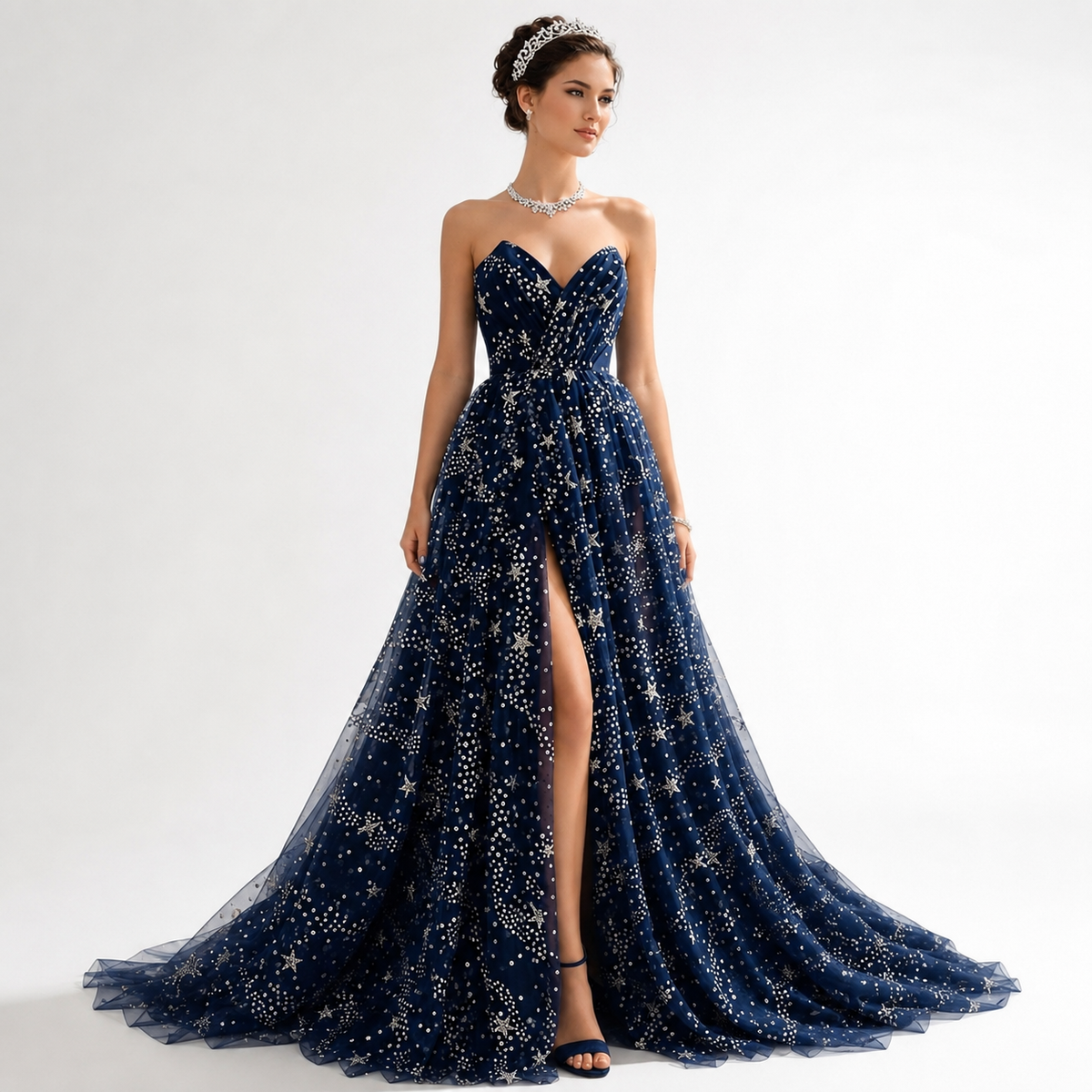 Navy blue celestial star glitter tulle strapless sweetheart prom dress with high slit floor length evening gown
