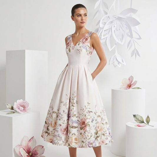 Floral V-neck sleeveless pleated midi dress for teachers with elegant A-line silhouette and side pockets