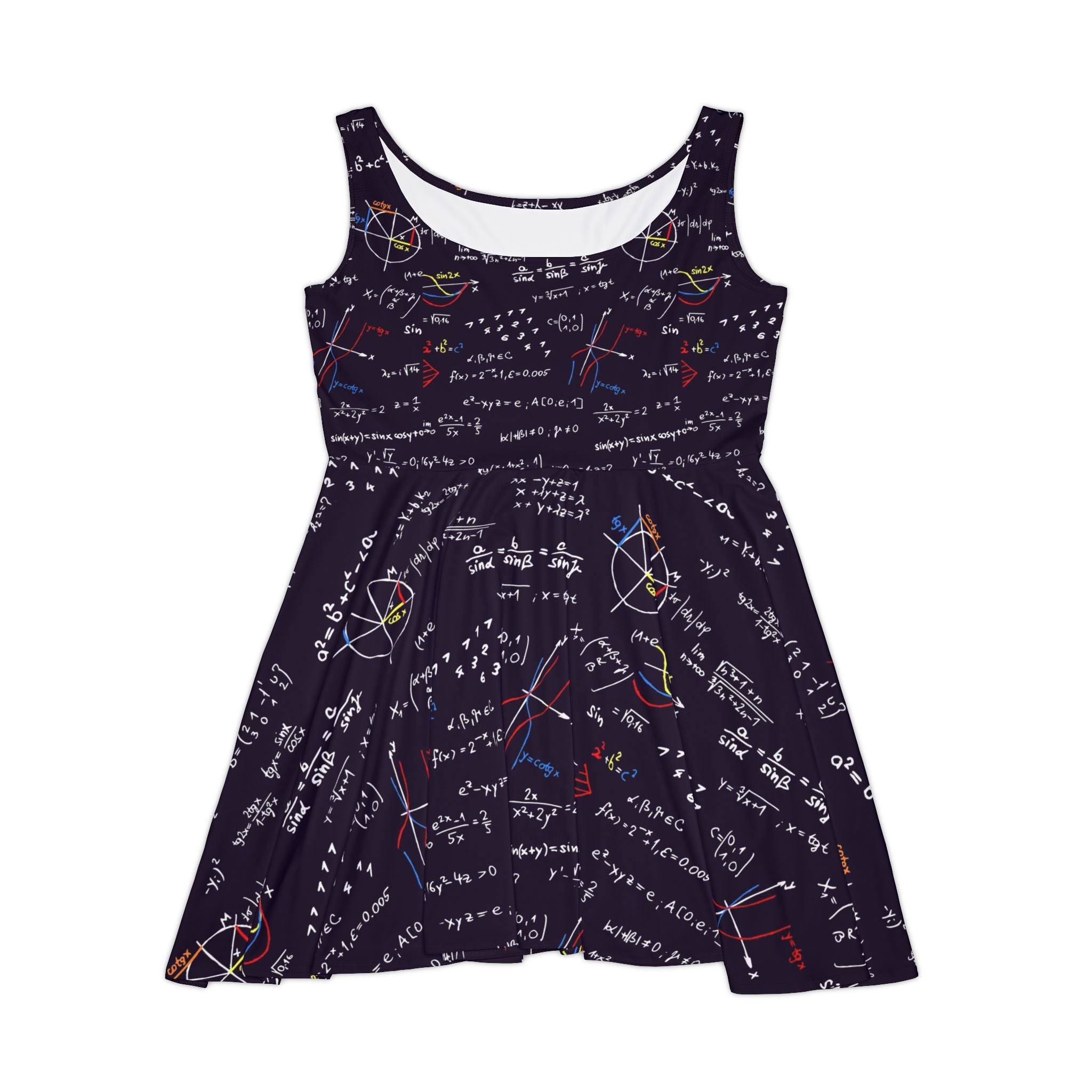 Back view of math teacher skater dress showing scoop neckline and flared skirt