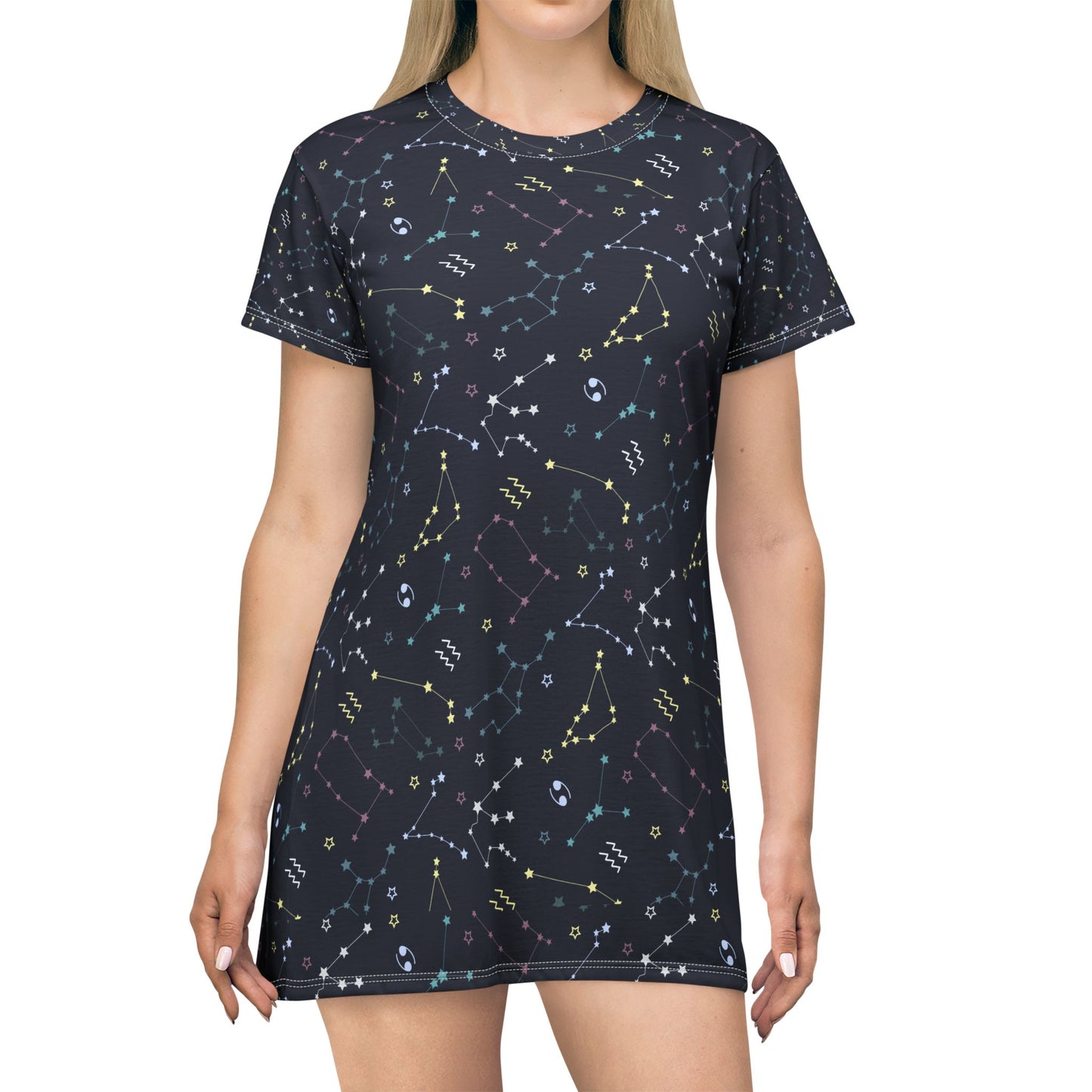 Celestial star Teacher t‑Shirt Dress — All-Over Print Astro Pattern