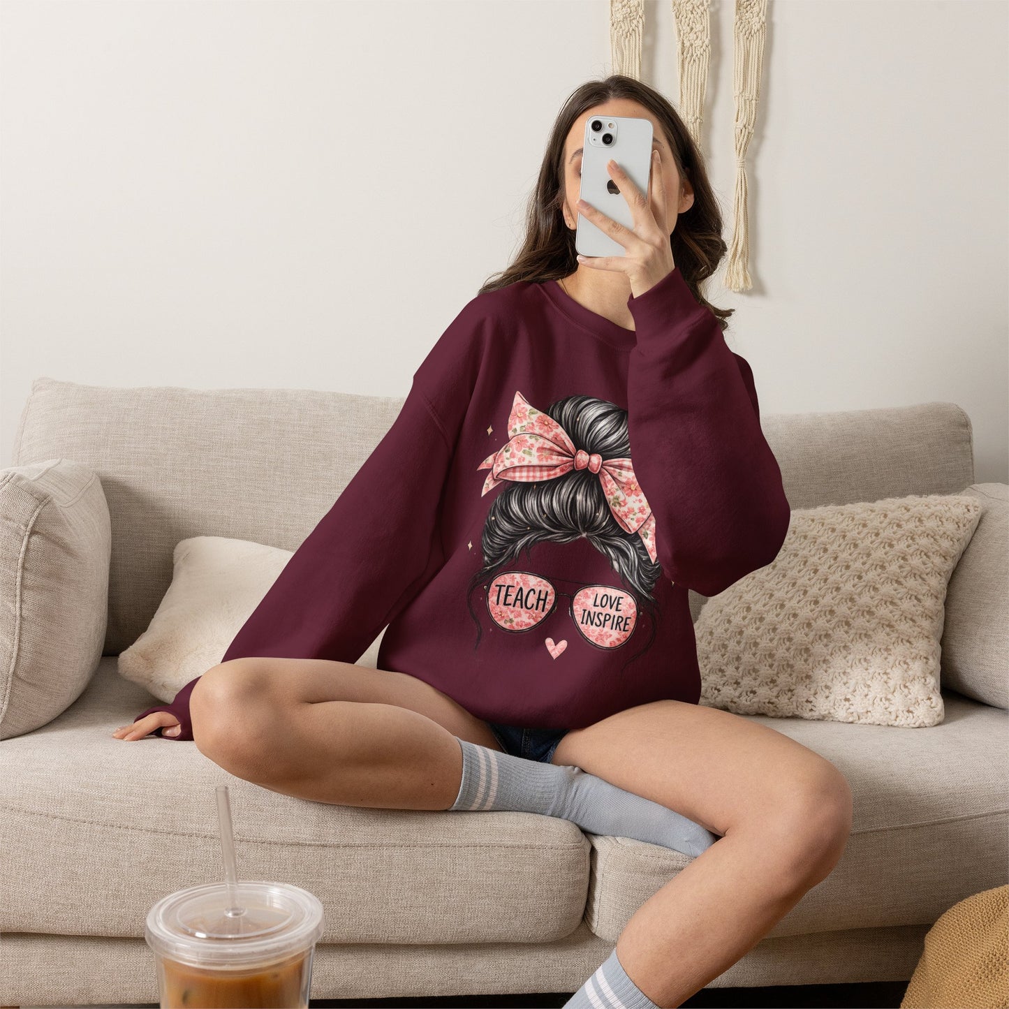 Funny Shirts for Teachers – Hair Bun & Sunglasses "Teach Love Inspire" Sweatshirt
