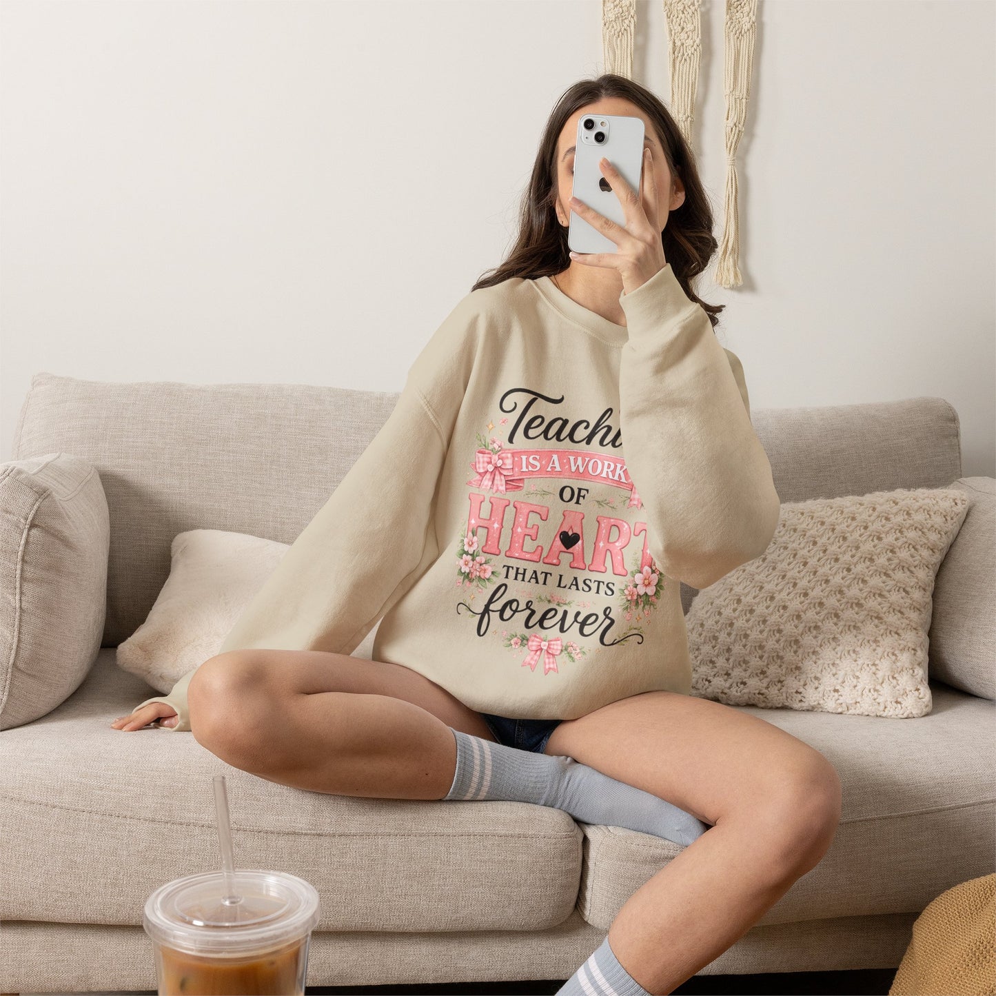 Elementary Teacher Crewneck Sweatshirt – "Teaching Is a Work of Heart" Floral