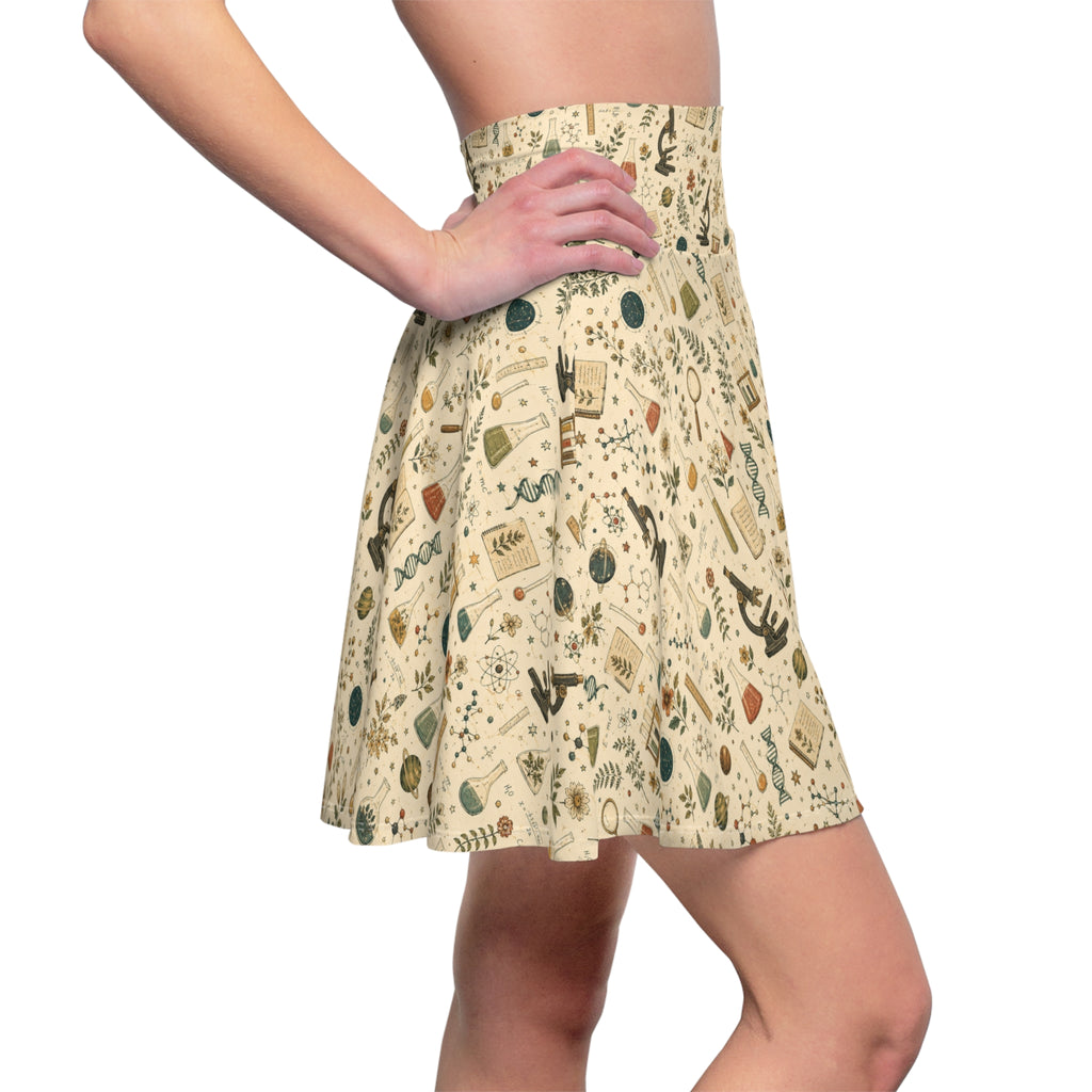 Science Teacher Skirt — Microscope & Lab Icons Print | Vintage STEM Skater Skirt for Women