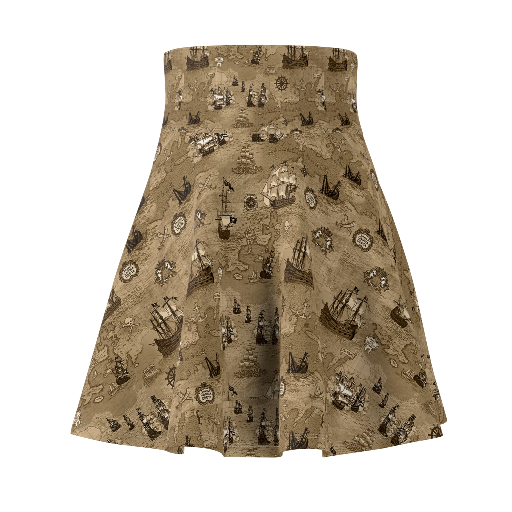 High-waisted skater skirt with vintage pirate treasure map and tall ship print