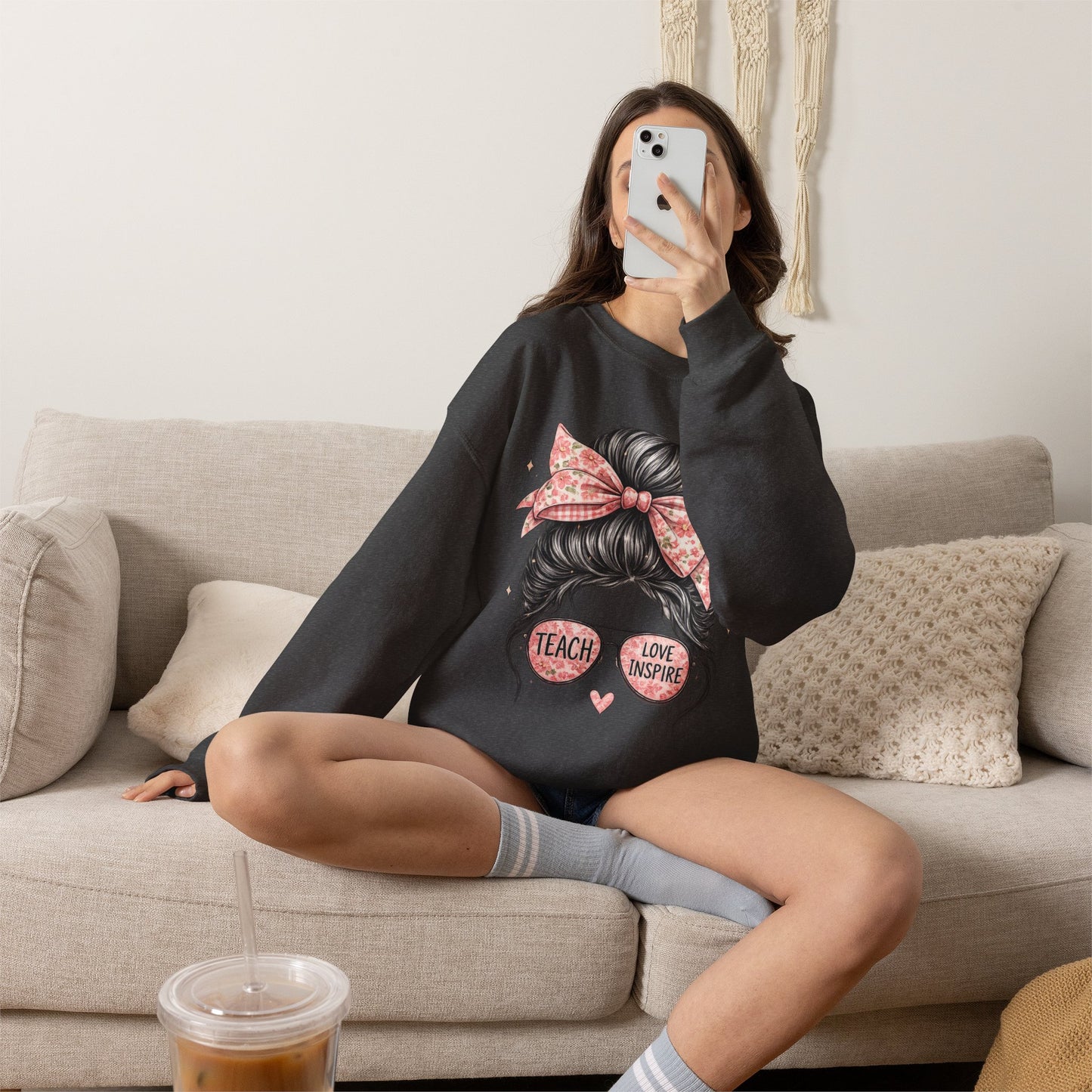 Funny Shirts for Teachers – Hair Bun & Sunglasses "Teach Love Inspire" Sweatshirt