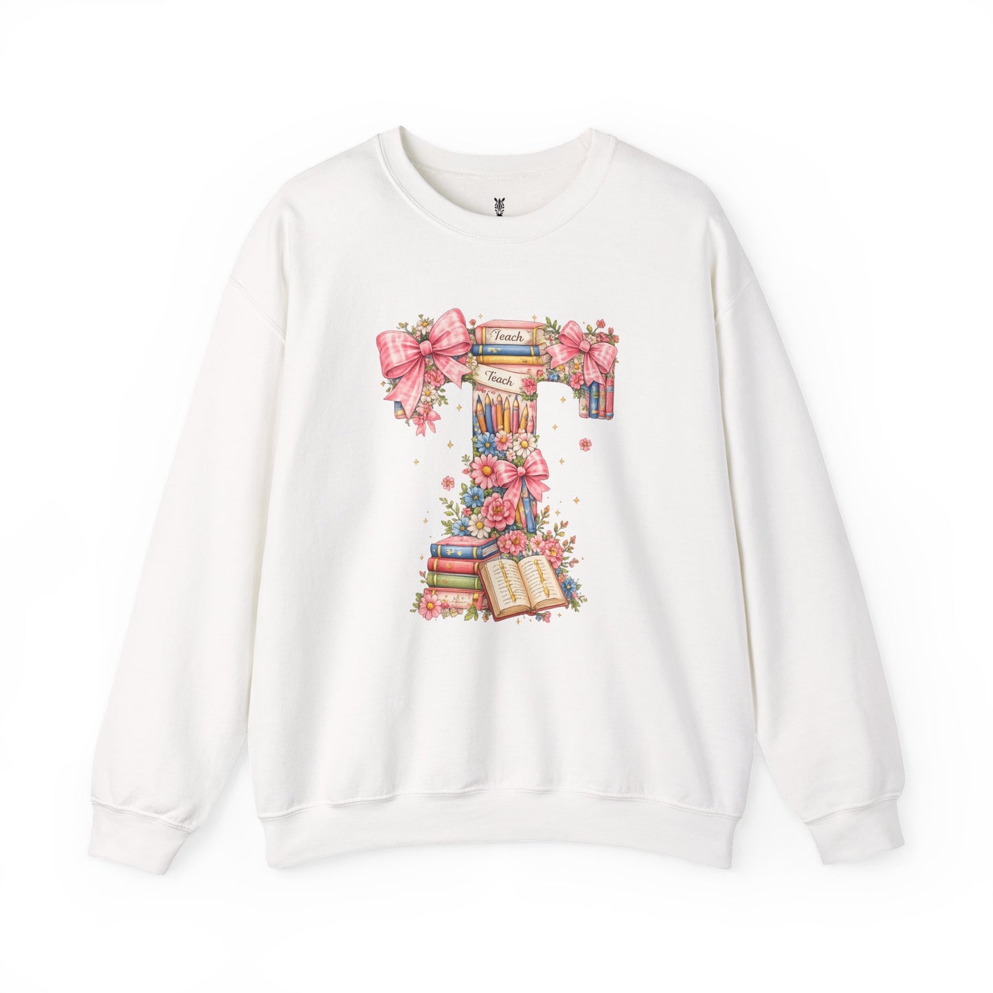 Letter T Floral Bookstack Sweatshirt — Feminine Alphabet Tee for Book Lovers