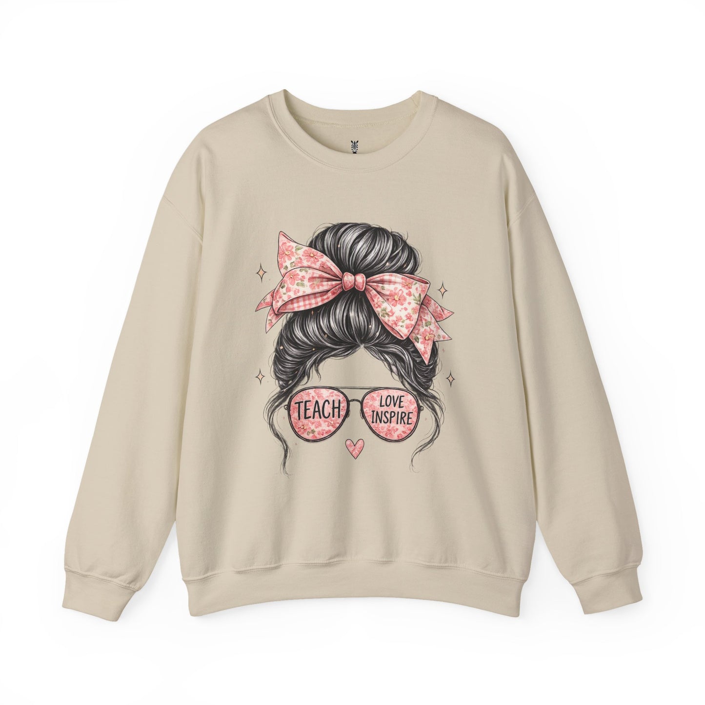 Funny Shirts for Teachers – Hair Bun & Sunglasses "Teach Love Inspire" Sweatshirt