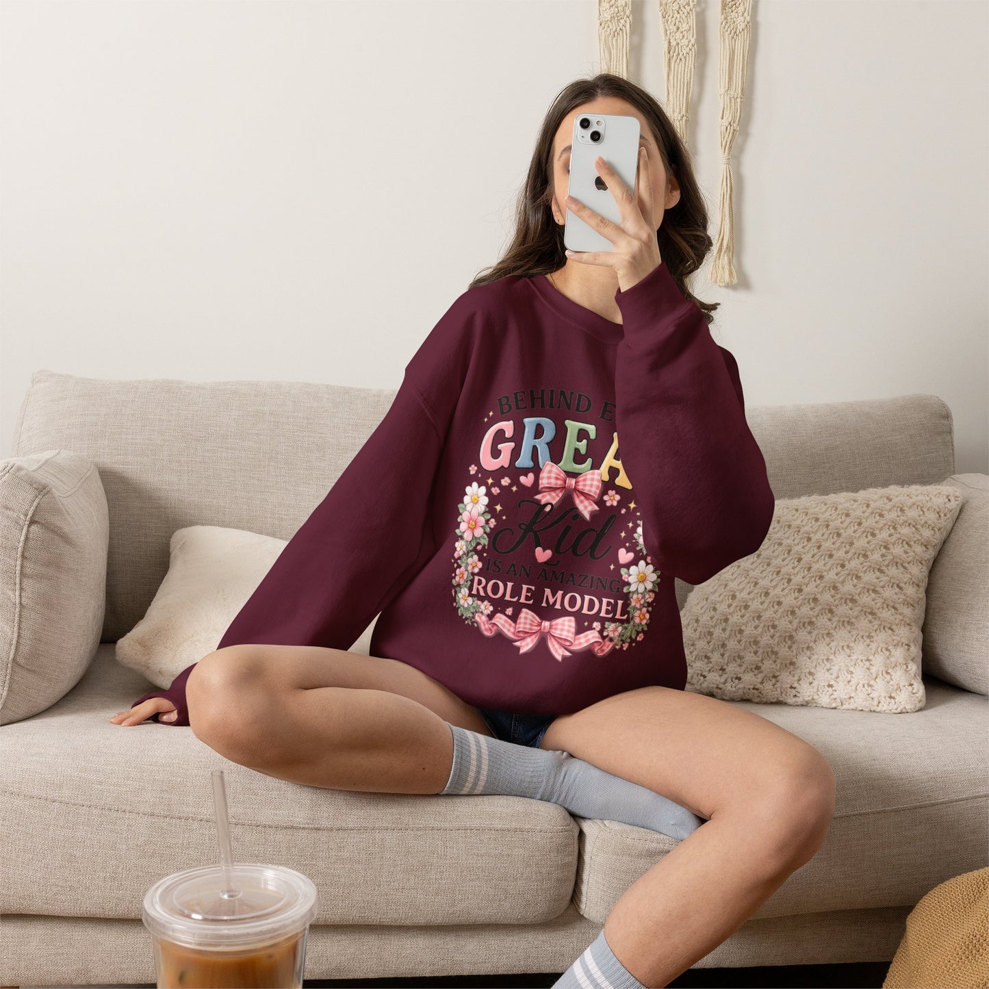 Crewneck Sweatshirt — “Behind Every Great Kid Is An Amazing Role Model” Floral Design