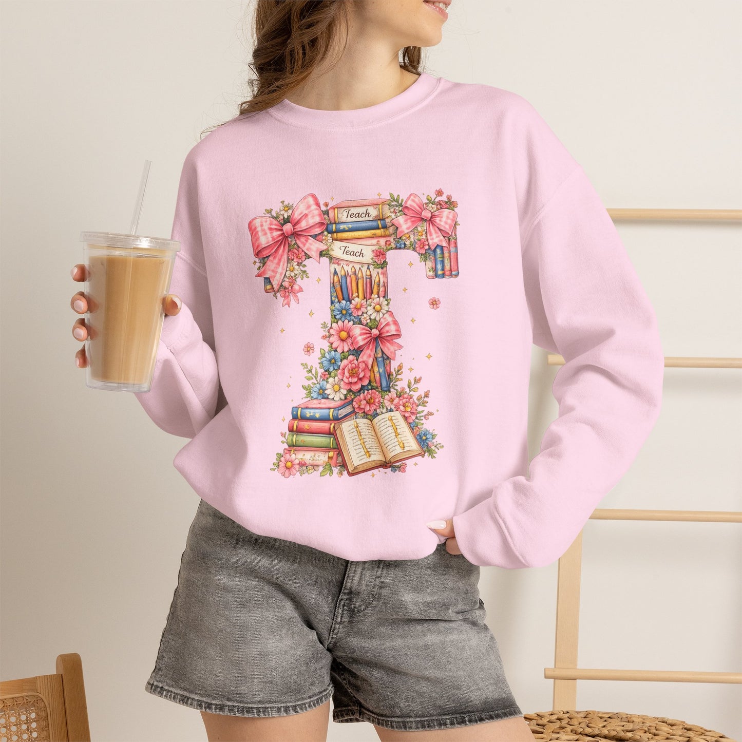 Letter T Floral Bookstack Sweatshirt — Feminine Alphabet Tee for Book Lovers