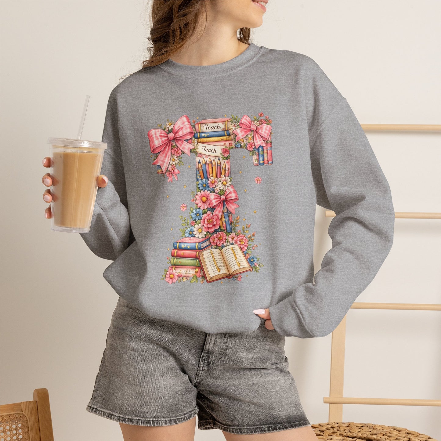 Letter T Floral Bookstack Sweatshirt — Feminine Alphabet Tee for Book Lovers