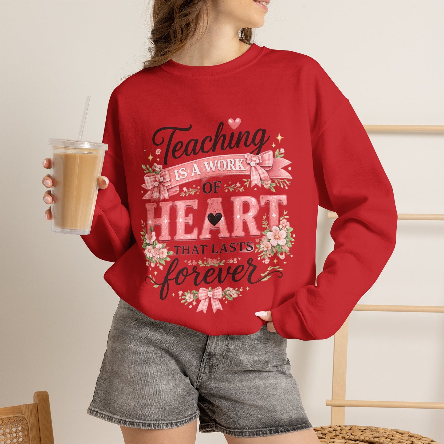 Elementary Teacher Crewneck Sweatshirt – "Teaching Is a Work of Heart" Floral