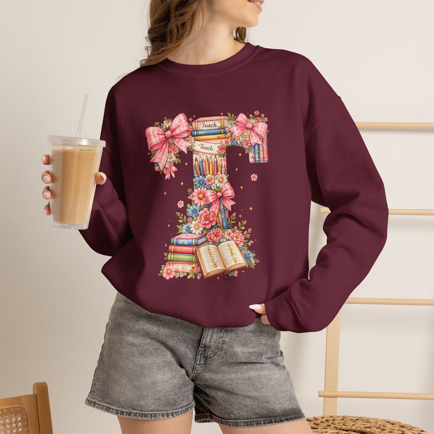 Letter T Floral Bookstack Sweatshirt — Feminine Alphabet Tee for Book Lovers