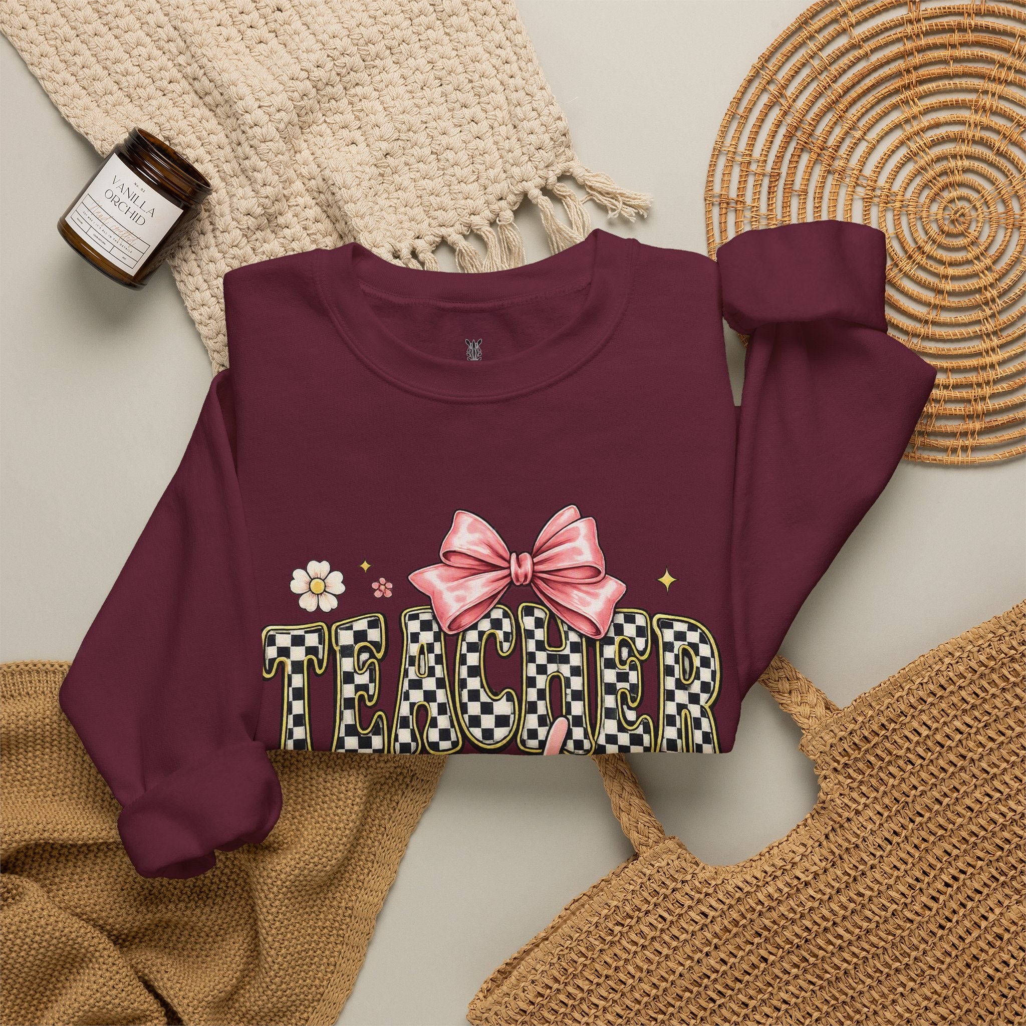 Teacher Crewneck Sweatshirt – "Feel-Good Energy" Pink Bow Graphic