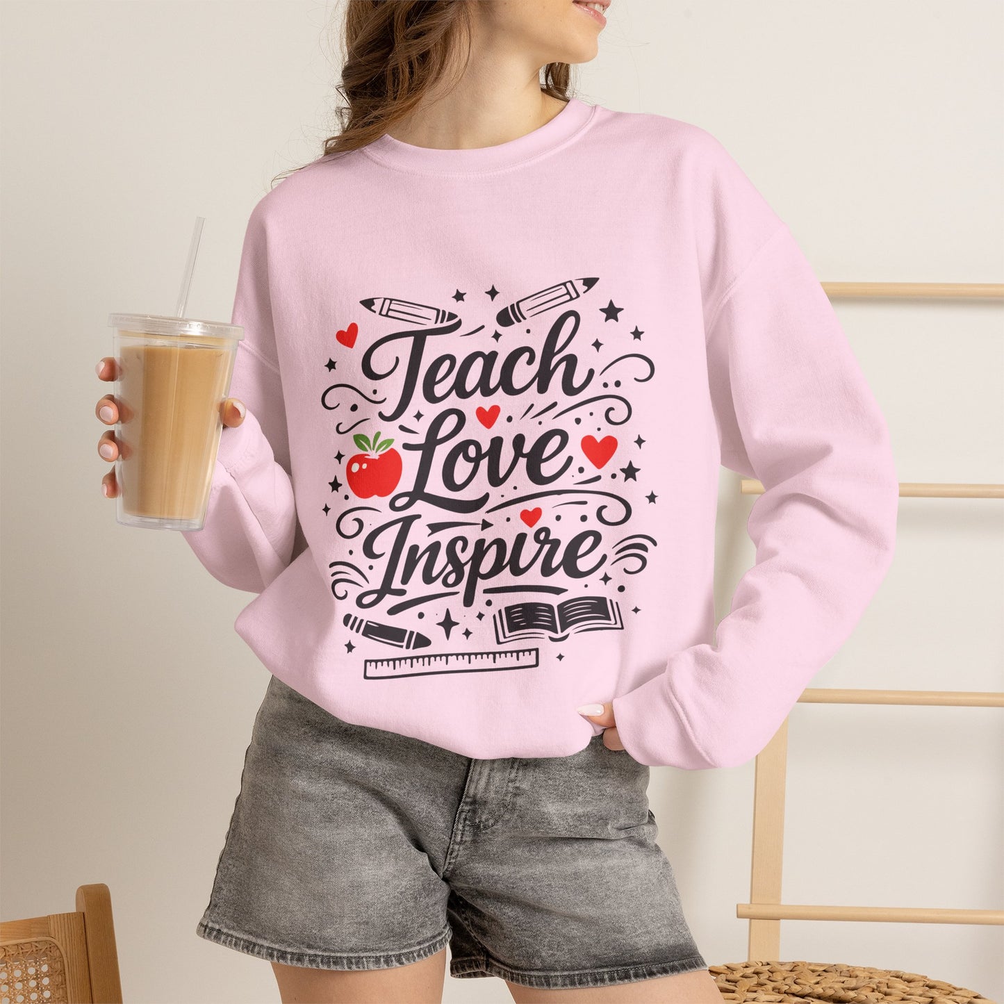 Teacher Appreciation Gift Sweatshirt – "Teach Love Inspire" Apple & Book Crewneck