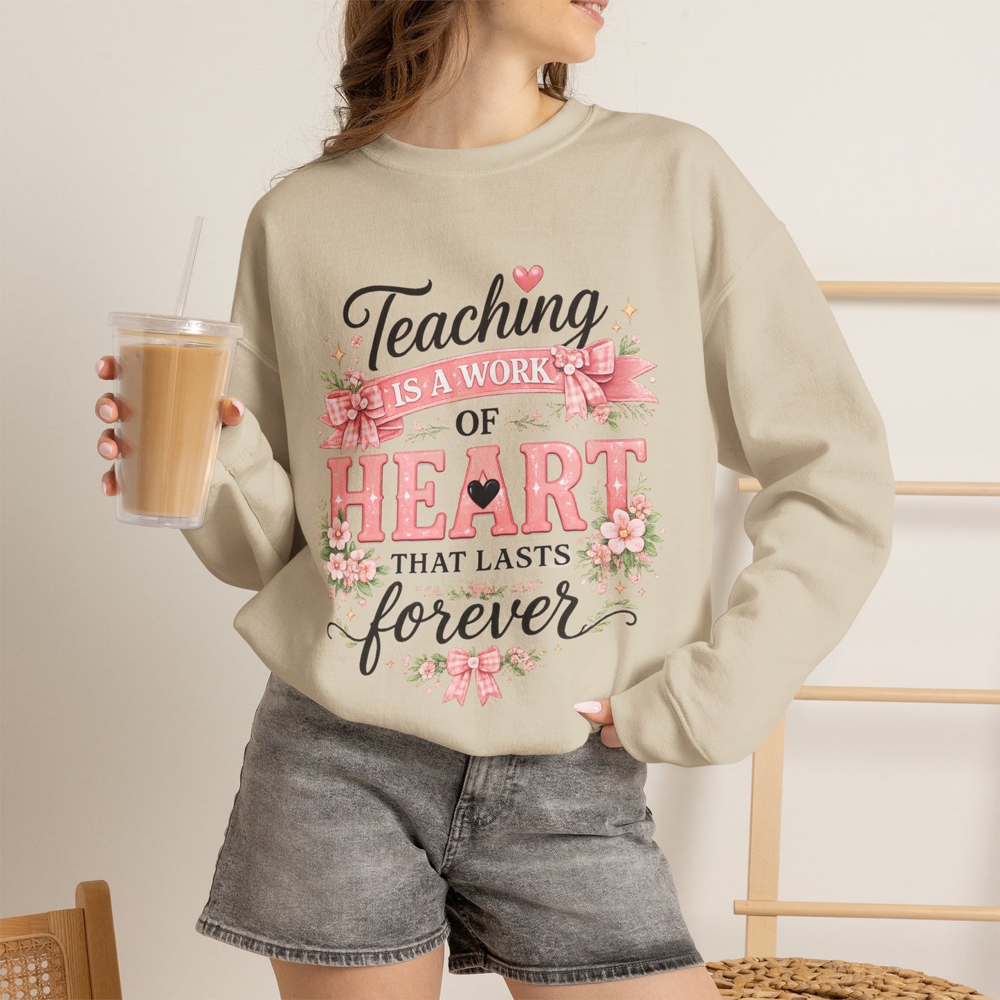 Elementary Teacher Crewneck Sweatshirt – "Teaching Is a Work of Heart" Floral
