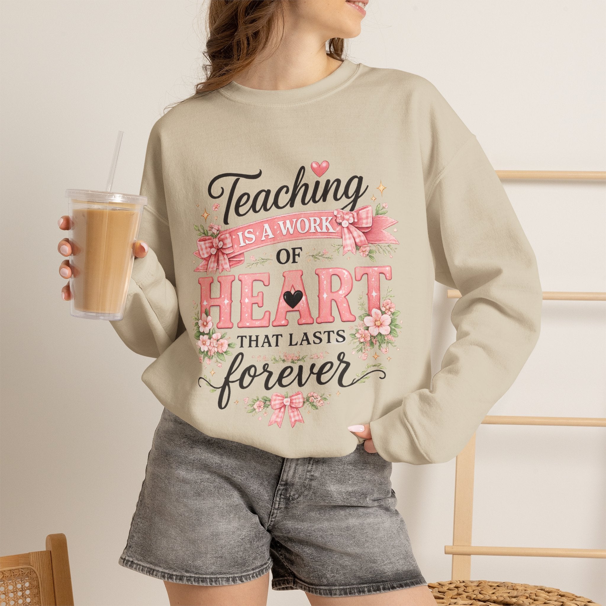 Elementary Teacher Crewneck Sweatshirt – "Teaching Is a Work of Heart" Floral