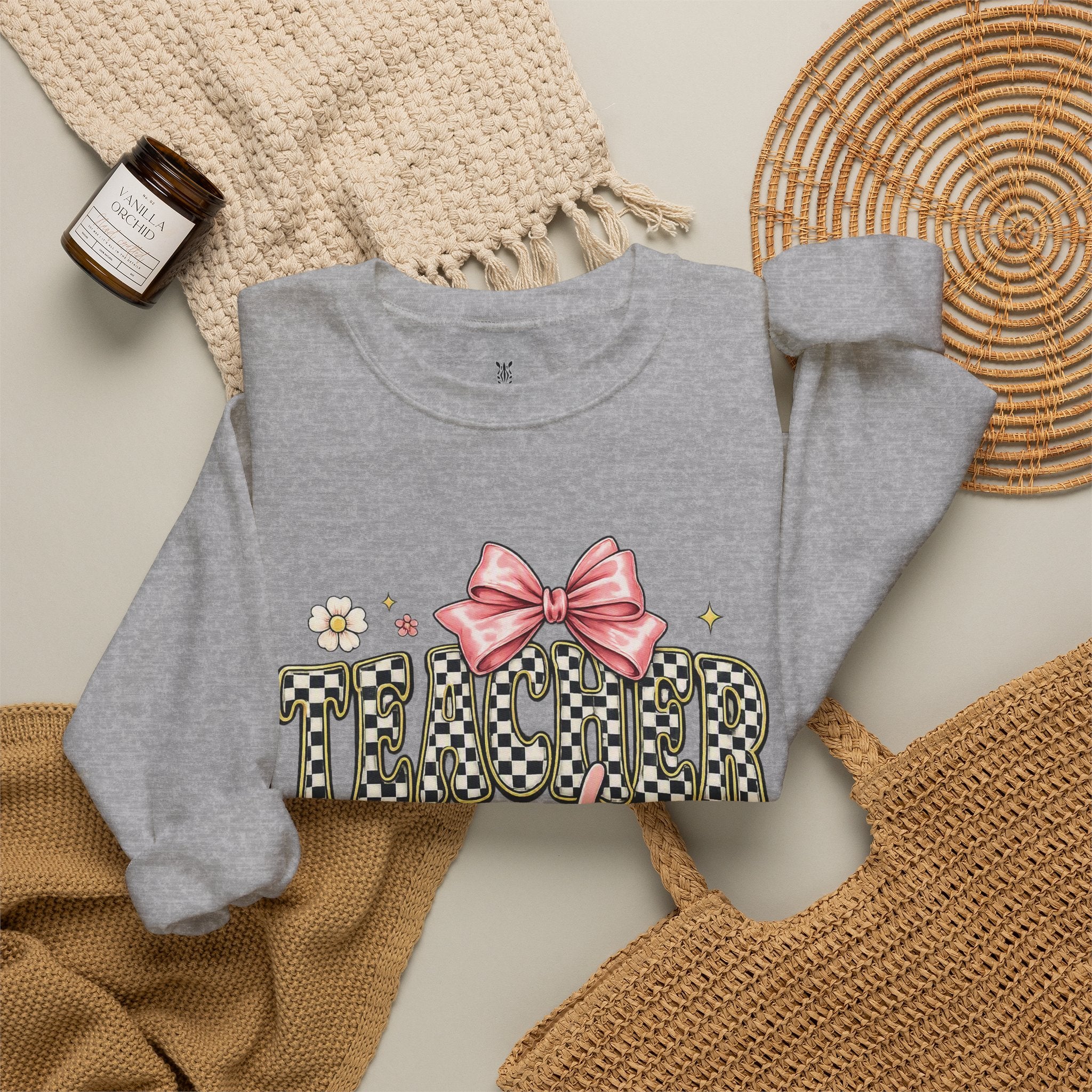 Teacher Crewneck Sweatshirt – "Feel-Good Energy" Pink Bow Graphic