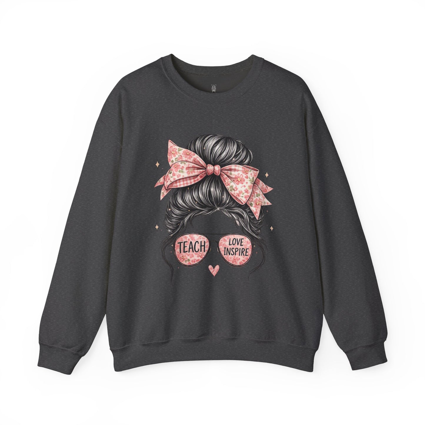 Funny Shirts for Teachers – Hair Bun & Sunglasses "Teach Love Inspire" Sweatshirt
