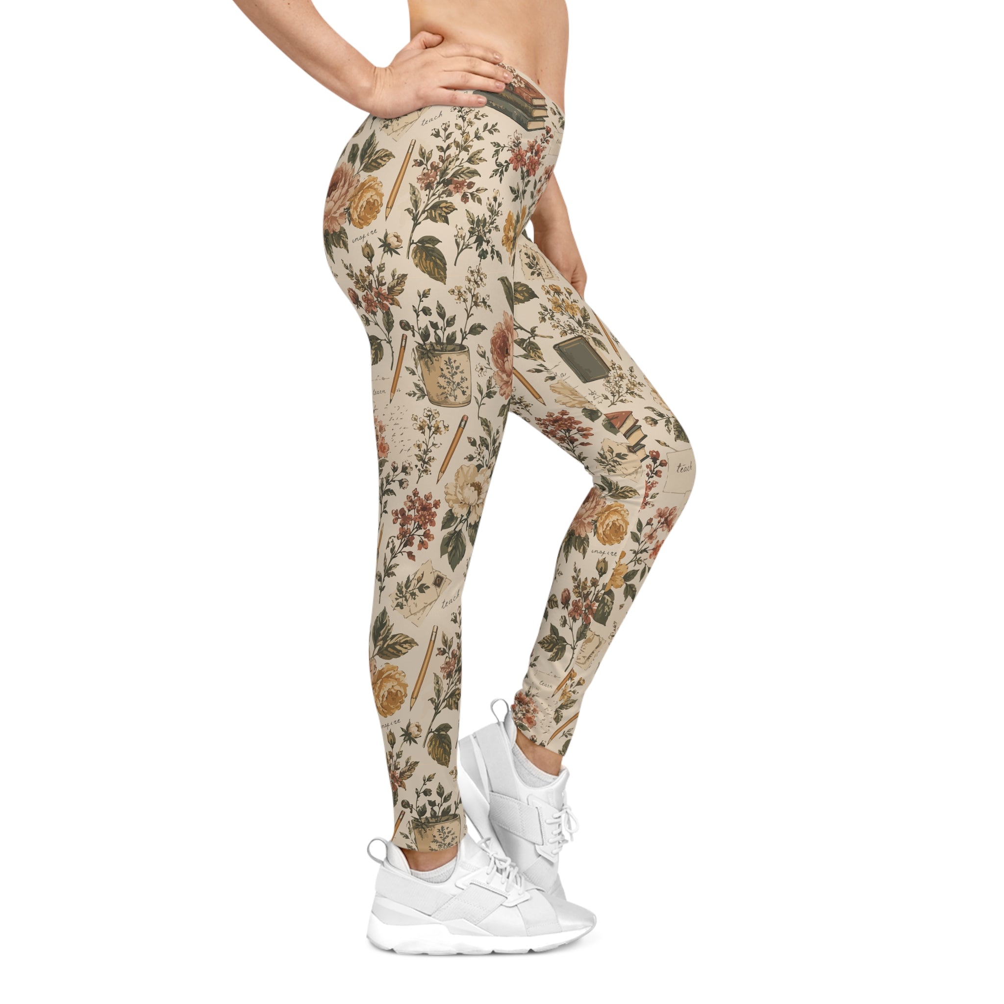 English Teacher Leggings — Vintage Book & Botanical Print | Zebra Creation