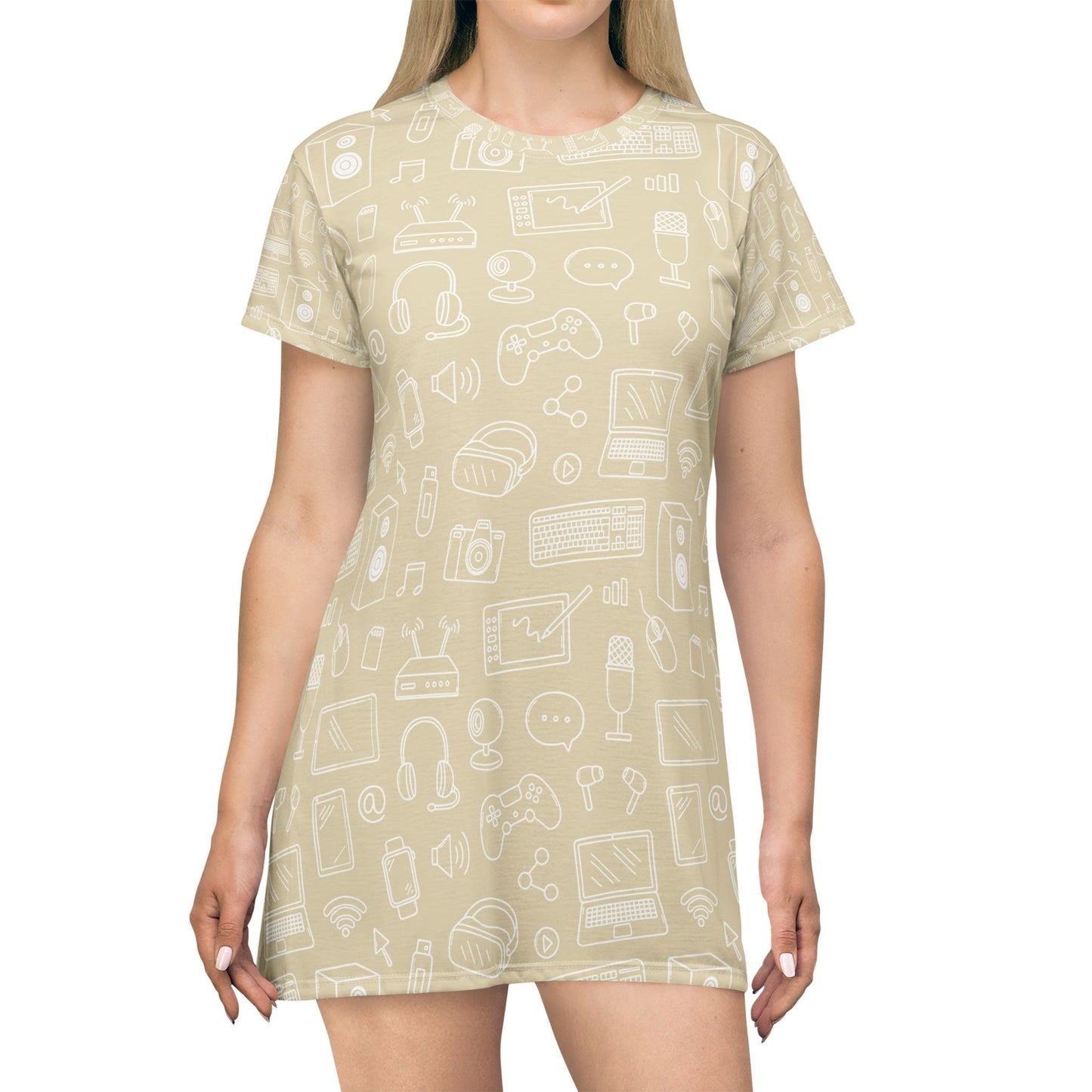 Computer Teacher  Pattern T‑Shirt Dress — Purple Gadgets All‑Over Print