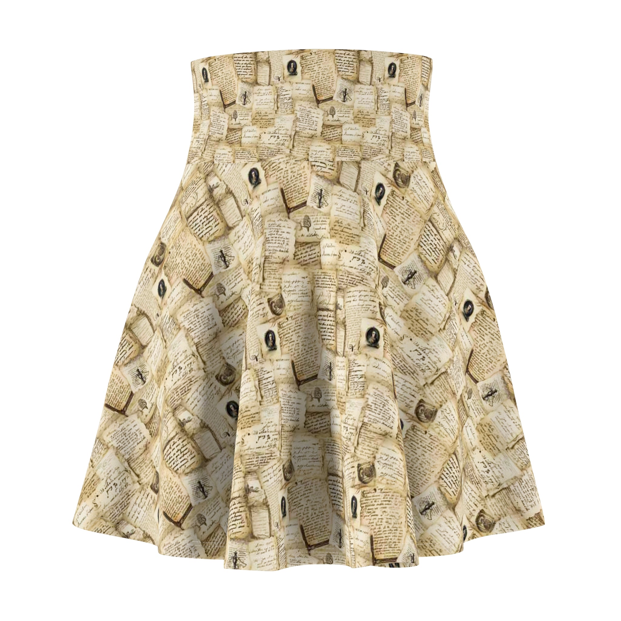 High-waisted skater skirt with vintage manuscript and letter print