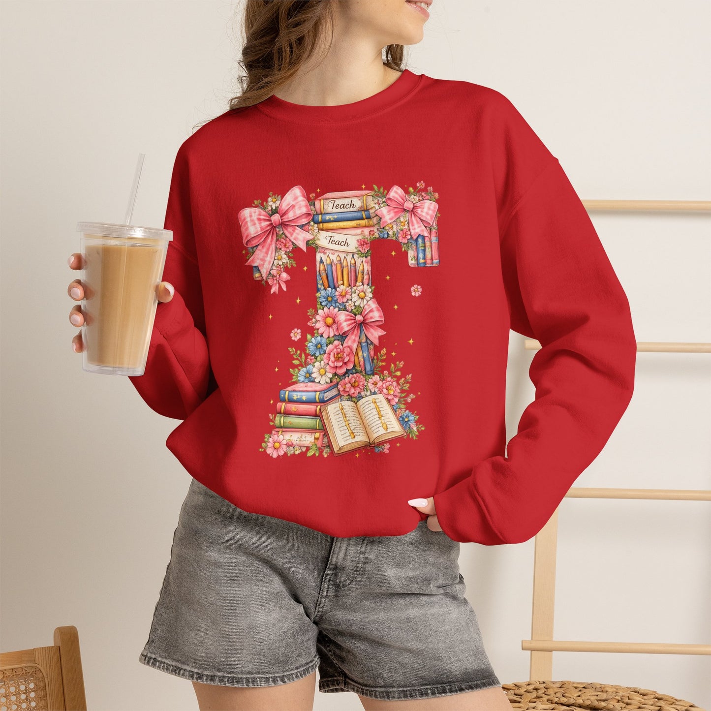 Letter T Floral Bookstack Sweatshirt — Feminine Alphabet Tee for Book Lovers