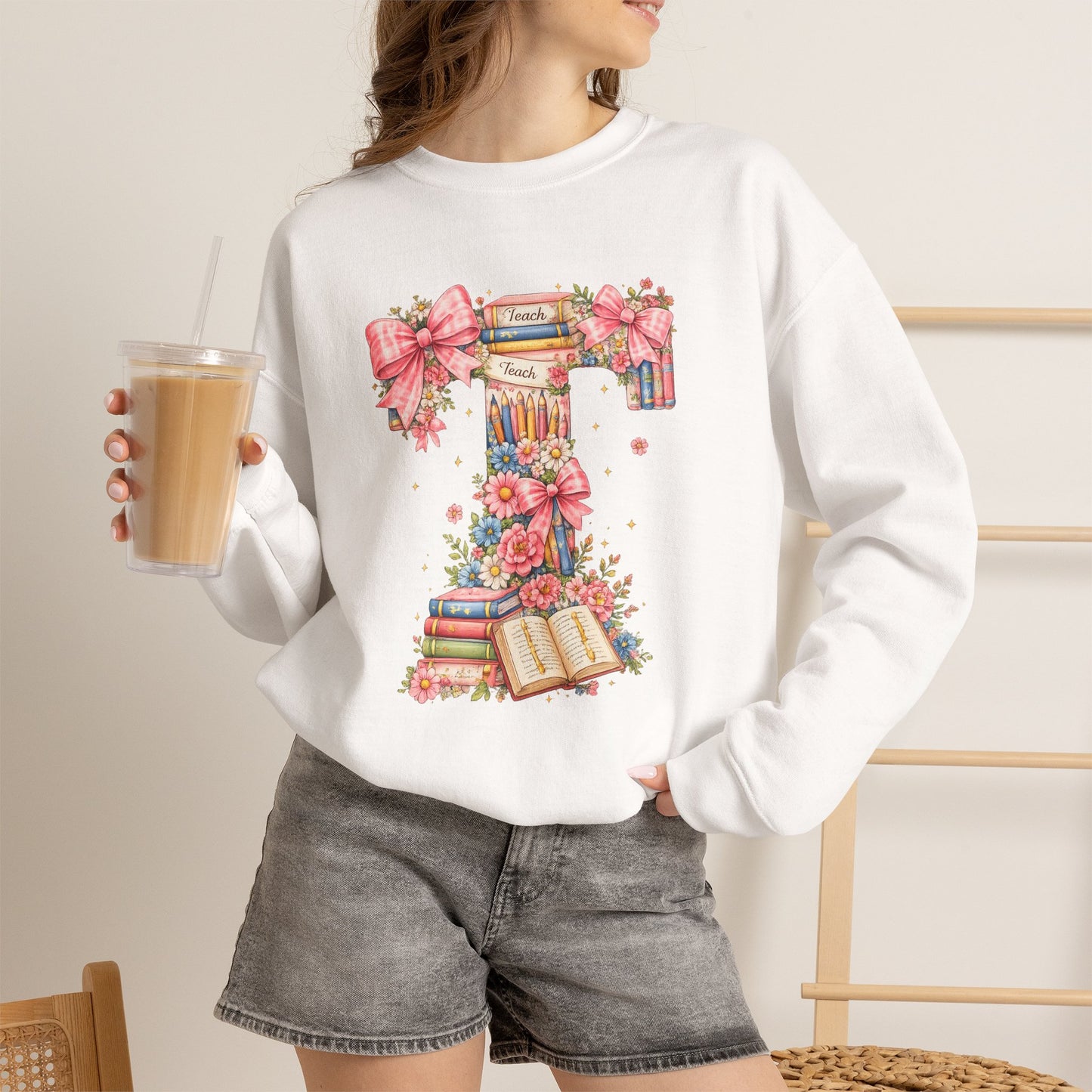 Letter T Floral Bookstack Sweatshirt — Feminine Alphabet Tee for Book Lovers
