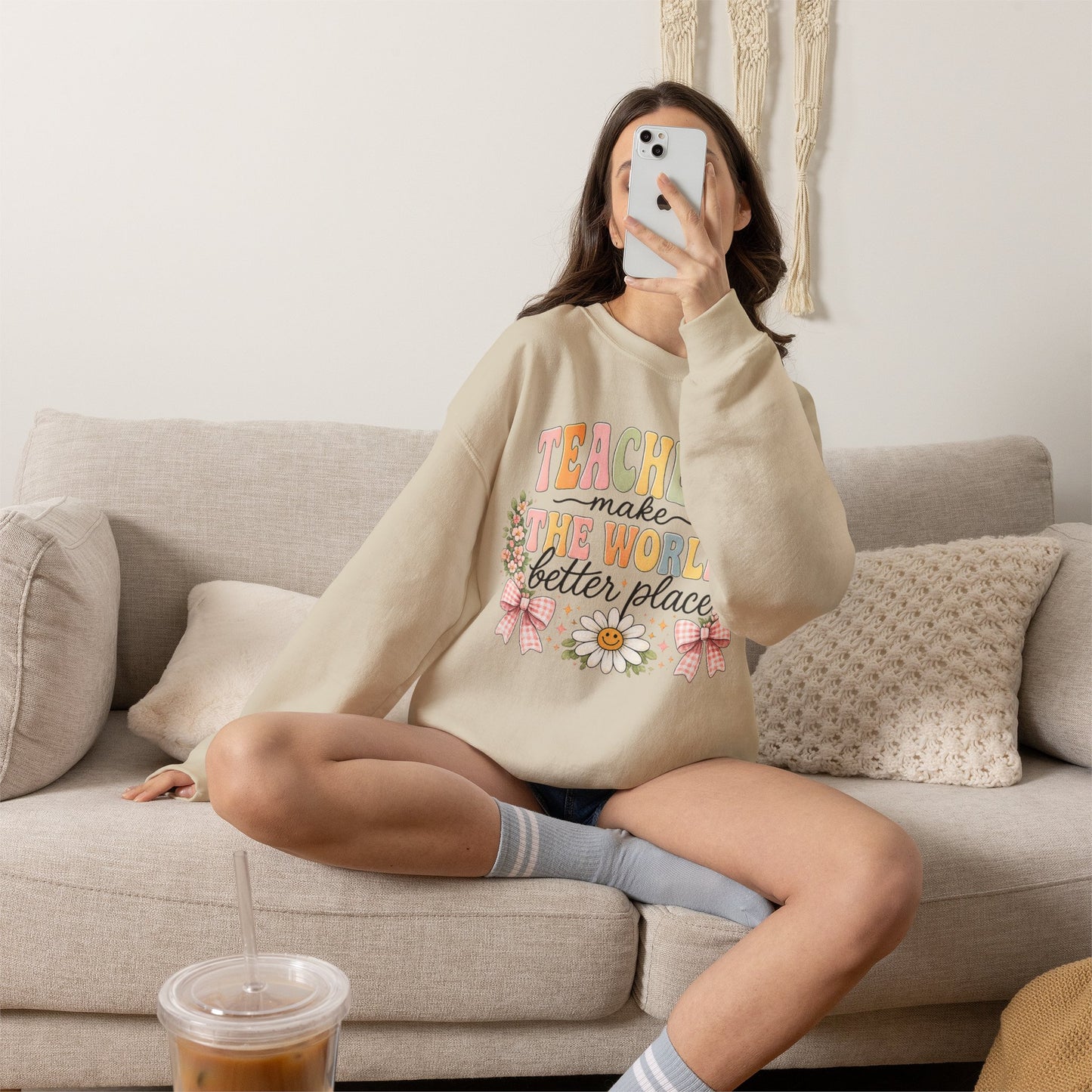 Cotton Teacher Sweatshirt – "Teachers Make the World Better" Daisy Crewneck