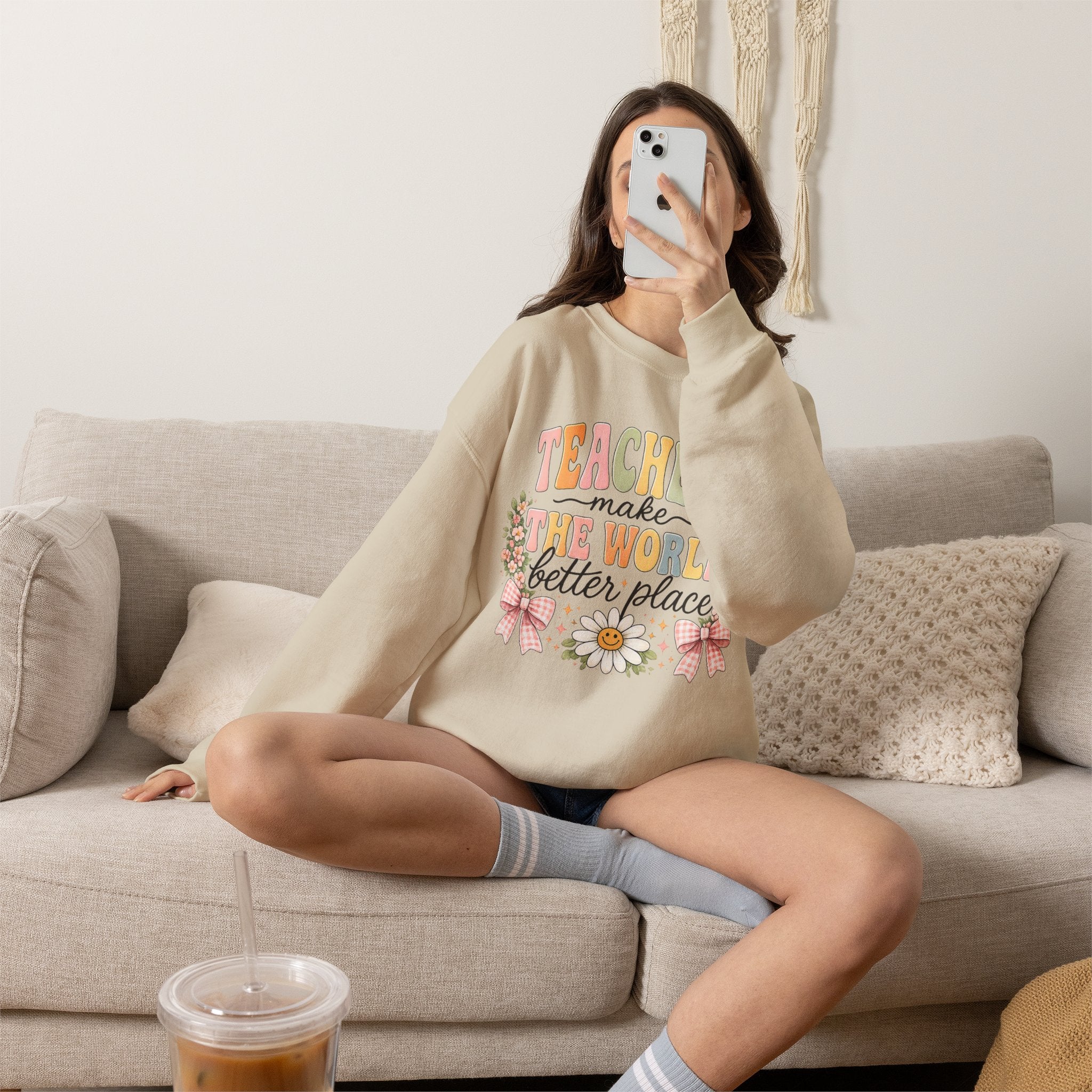 Cotton Teacher Sweatshirt – "Teachers Make the World Better" Daisy Crewneck
