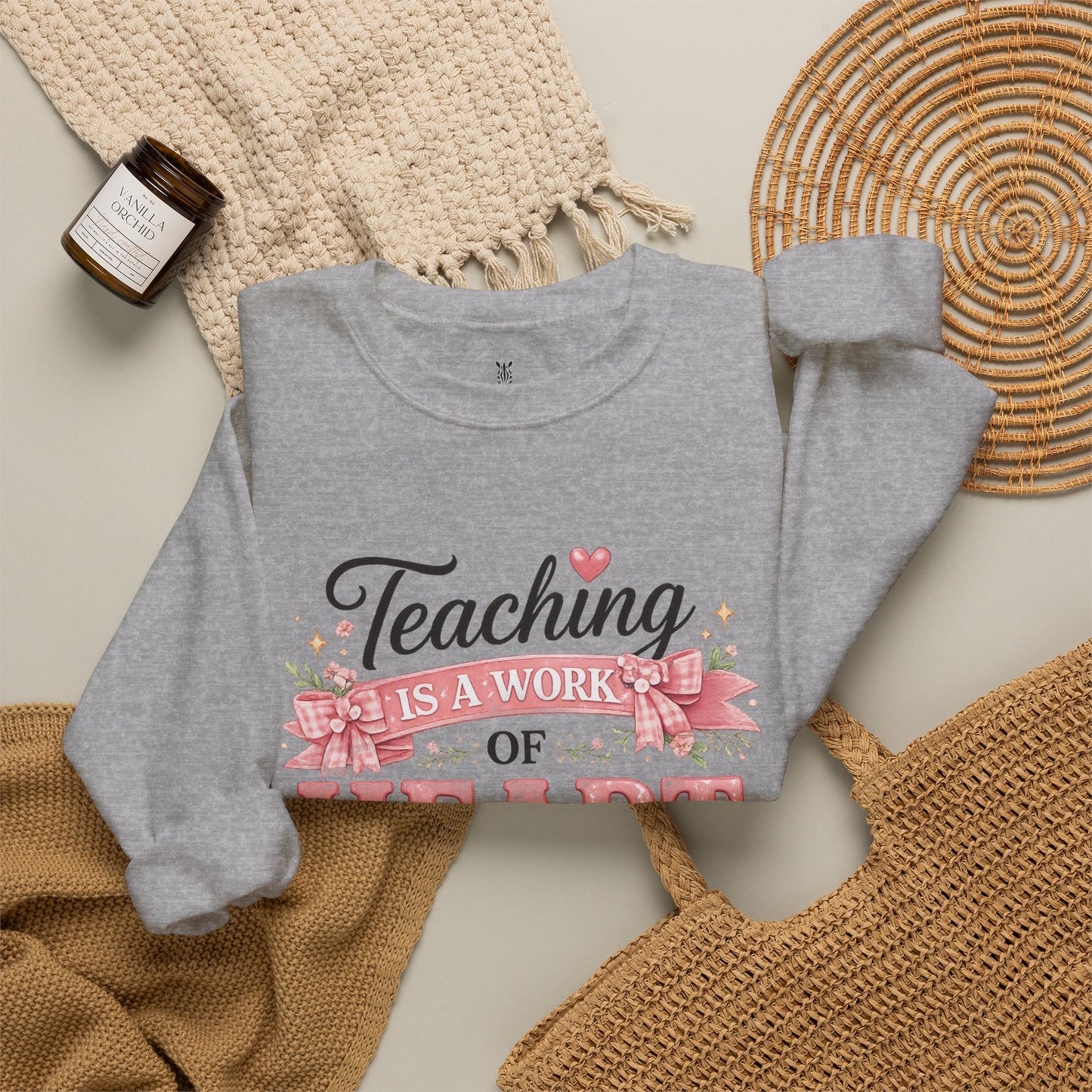 Elementary Teacher Crewneck Sweatshirt – "Teaching Is a Work of Heart" Floral