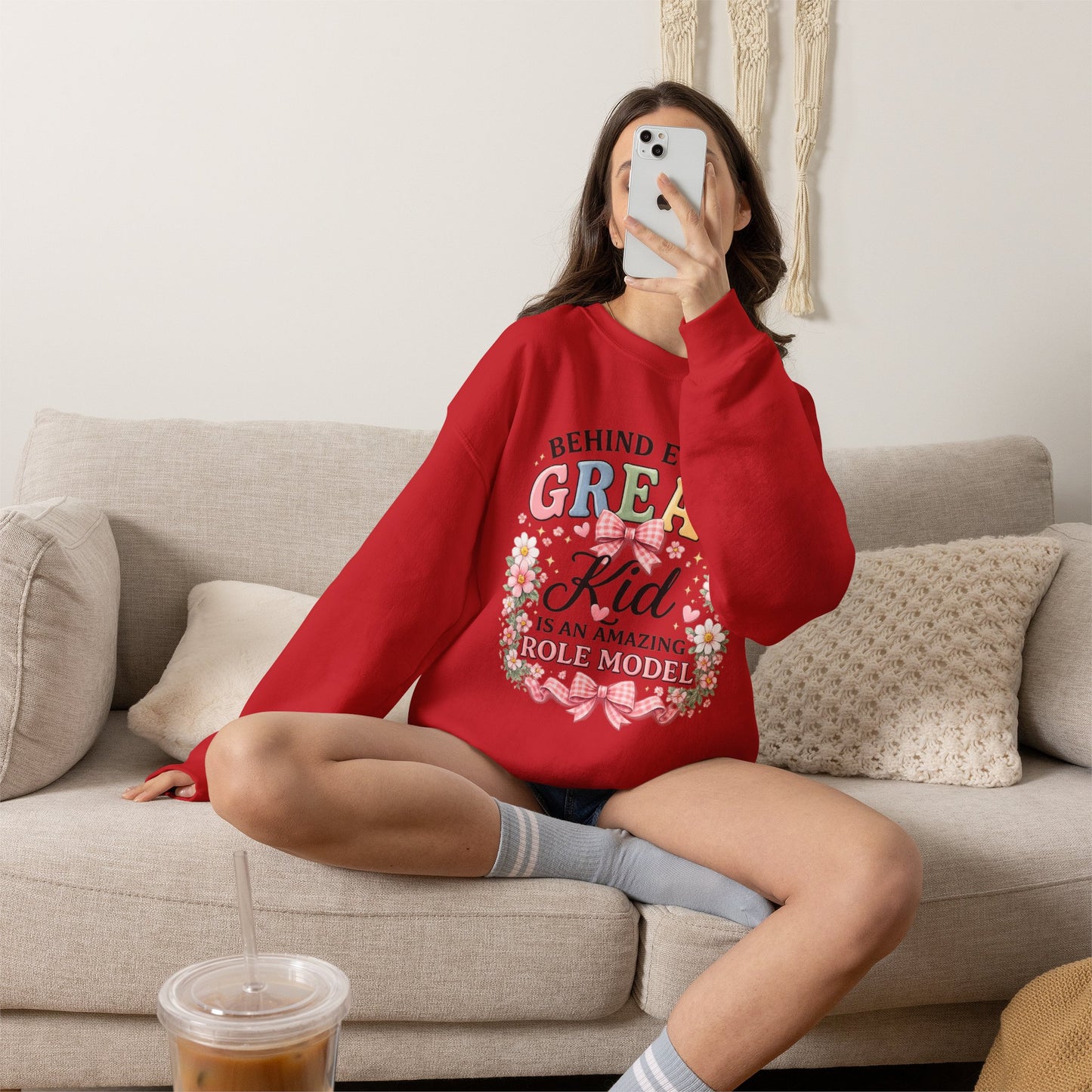 Crewneck Sweatshirt — “Behind Every Great Kid Is An Amazing Role Model” Floral Design