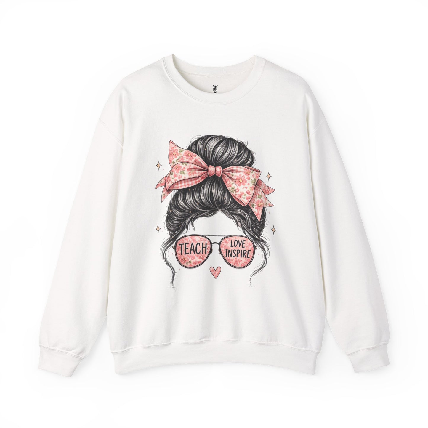 Funny Shirts for Teachers – Hair Bun & Sunglasses "Teach Love Inspire" Sweatshirt