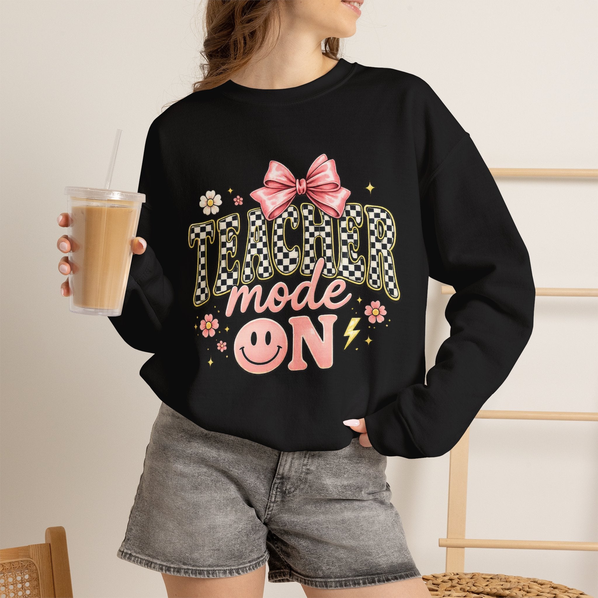 Teacher Crewneck Sweatshirt – "Feel-Good Energy" Pink Bow Graphic
