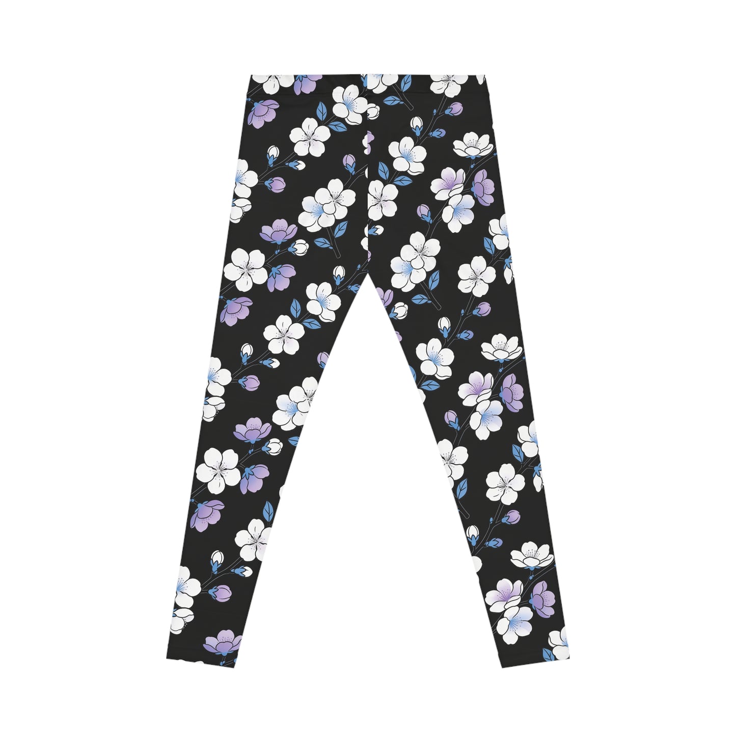 Purple White Floral Print Leggings | Black All-Over Pattern