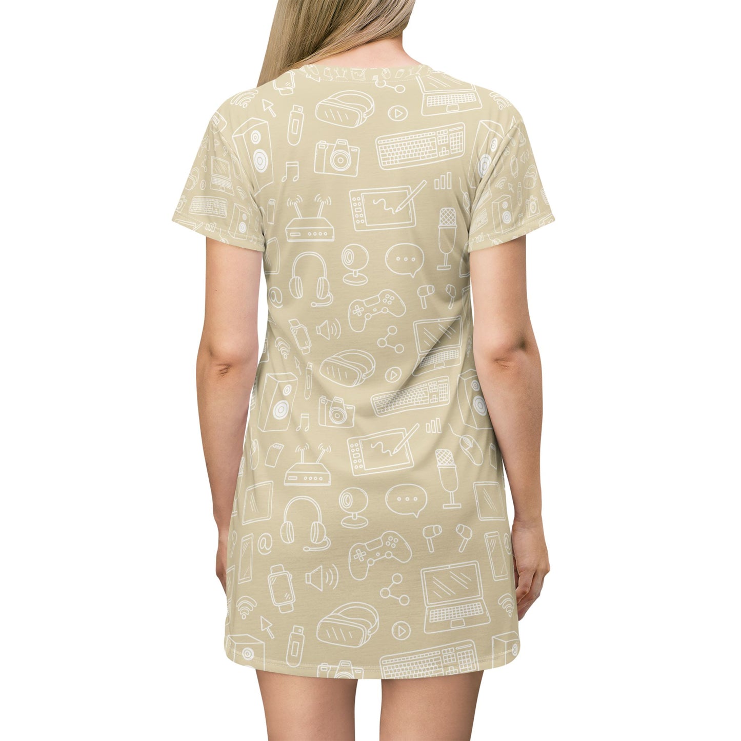 Computer Teacher  Pattern T‑Shirt Dress — Purple Gadgets All‑Over Print