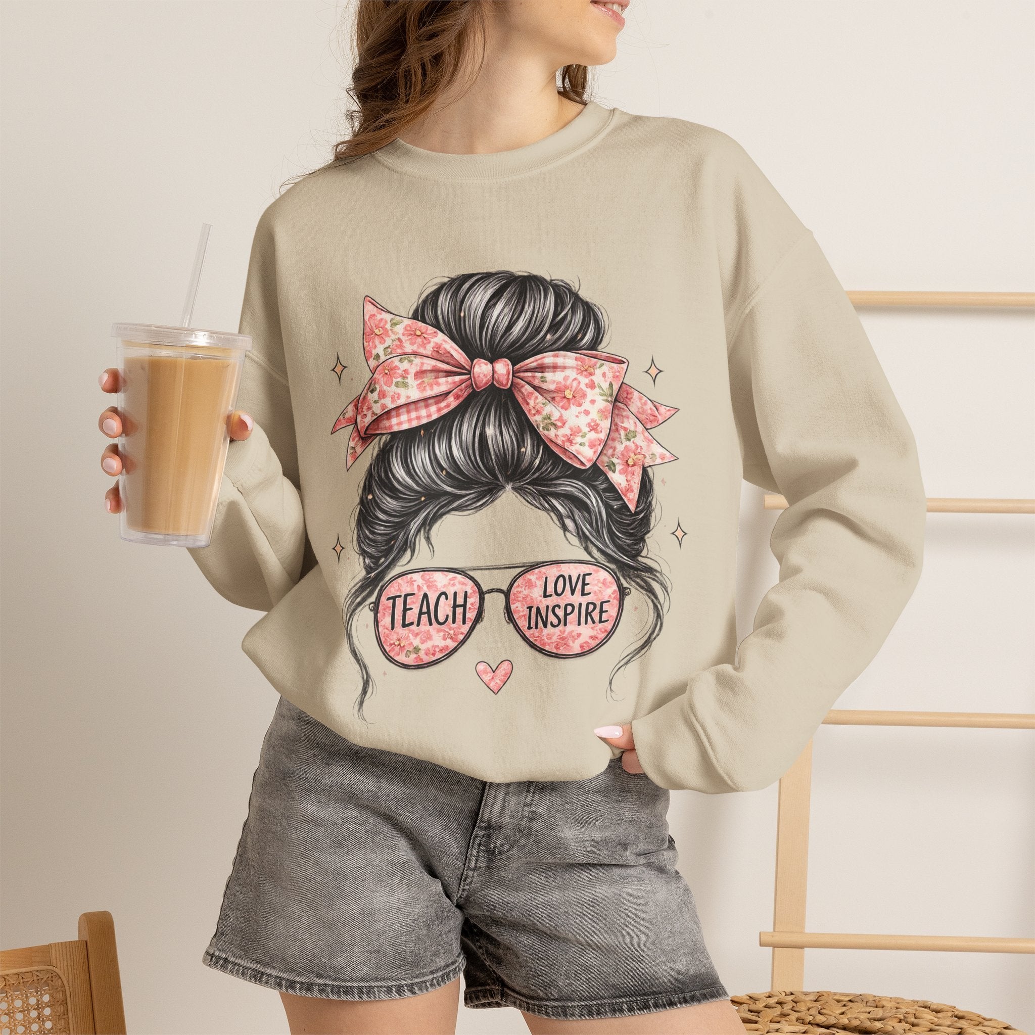 Funny Shirts for Teachers – Hair Bun & Sunglasses "Teach Love Inspire" Sweatshirt