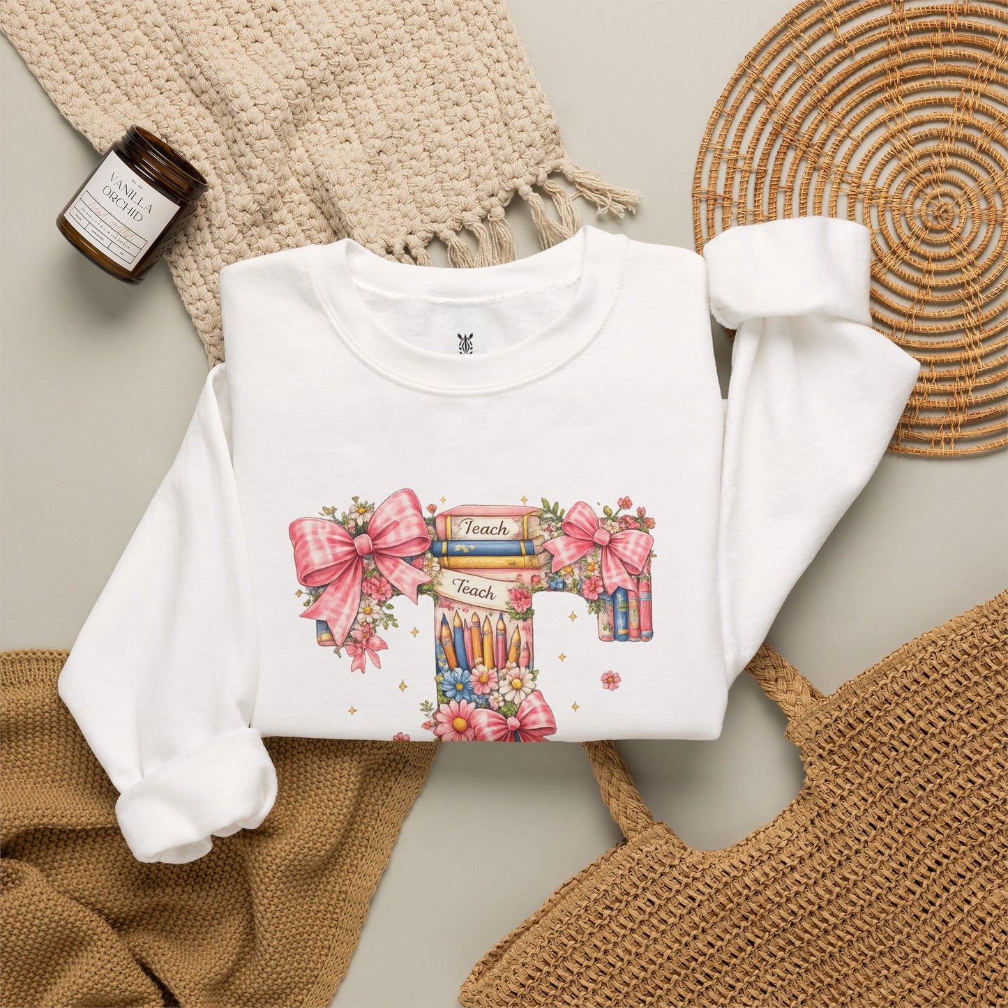 Letter T Floral Bookstack Sweatshirt — Feminine Alphabet Tee for Book Lovers