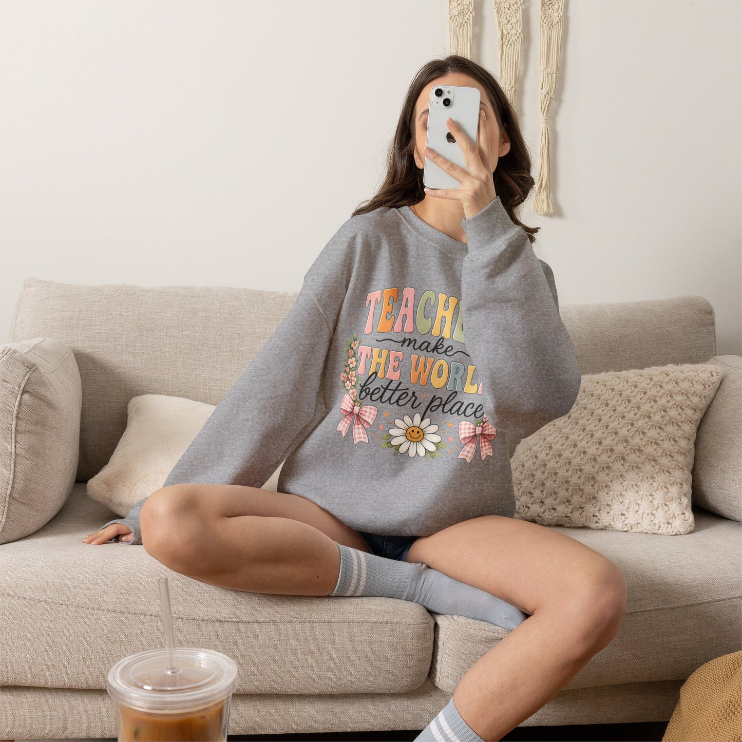 Cotton Teacher Sweatshirt – "Teachers Make the World Better" Daisy Crewneck