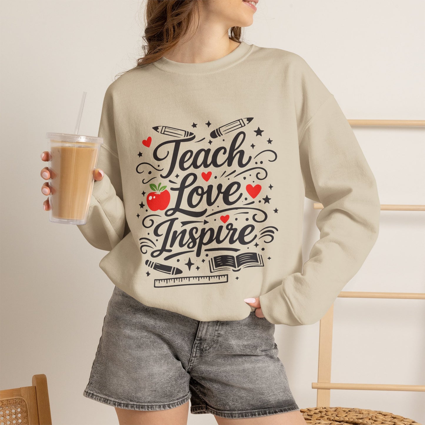 Teacher Appreciation Gift Sweatshirt – "Teach Love Inspire" Apple & Book Crewneck