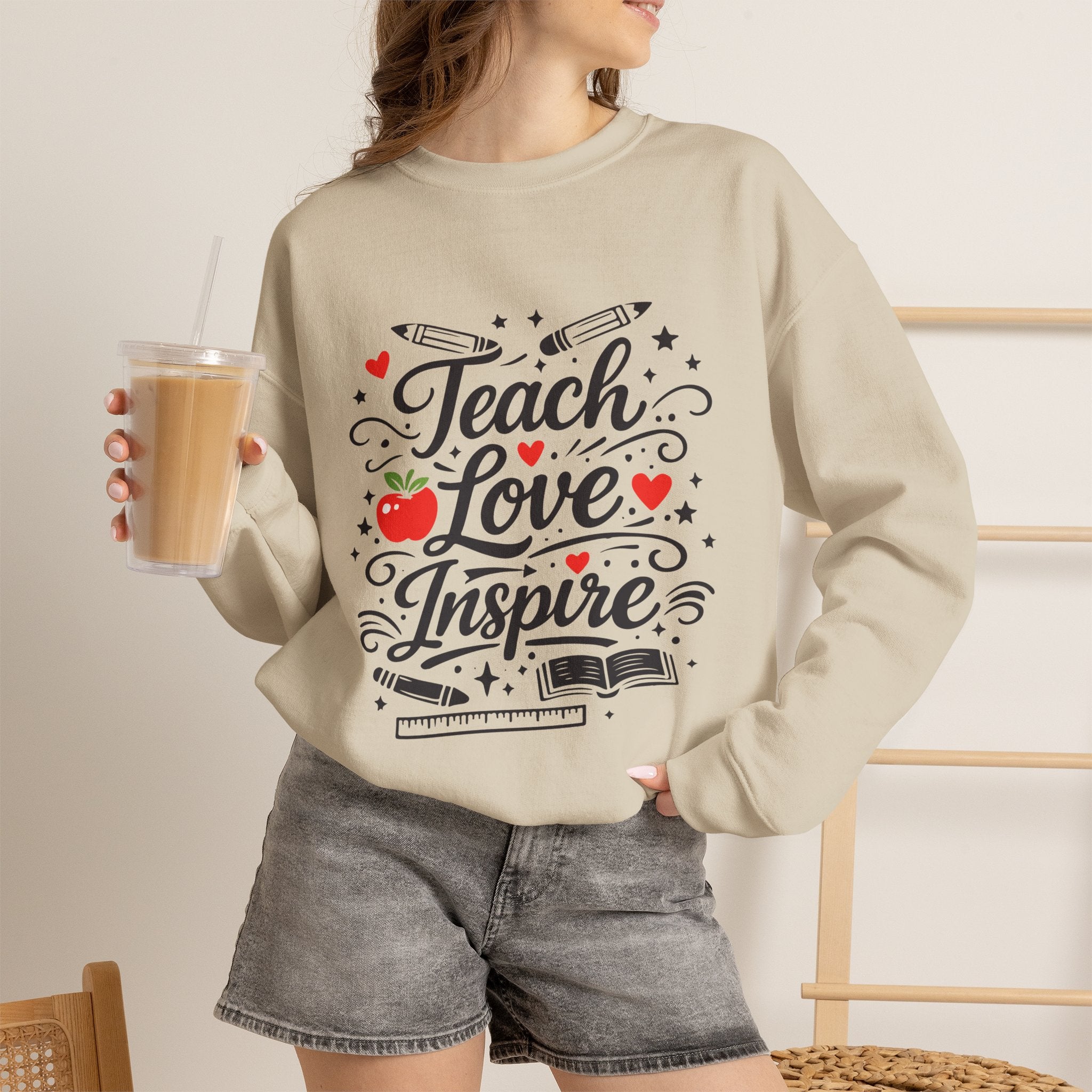 Teacher Appreciation Gift Sweatshirt – "Teach Love Inspire" Apple & Book Crewneck