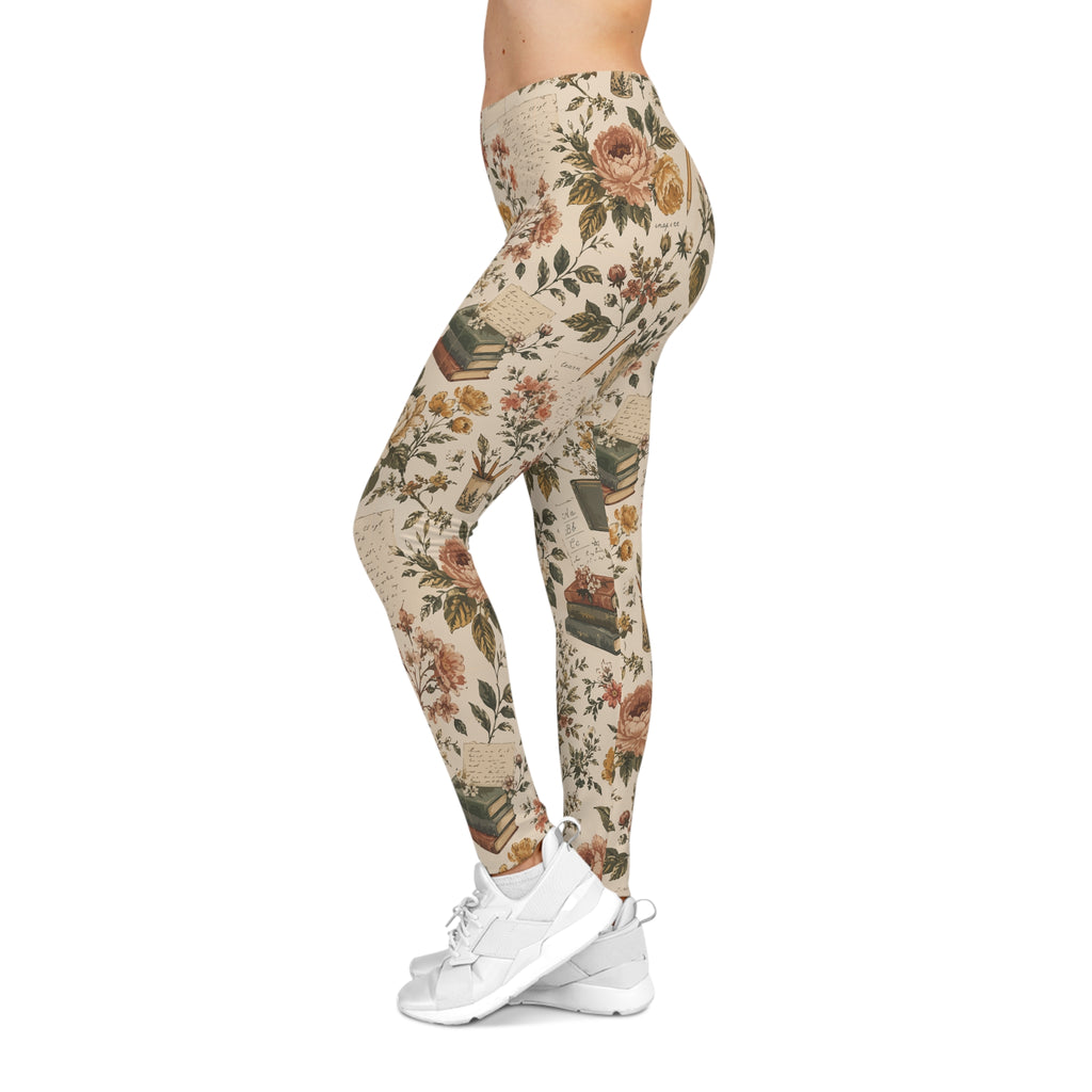 English Teacher Leggings — Vintage Book & Botanical Print | Zebra Creation