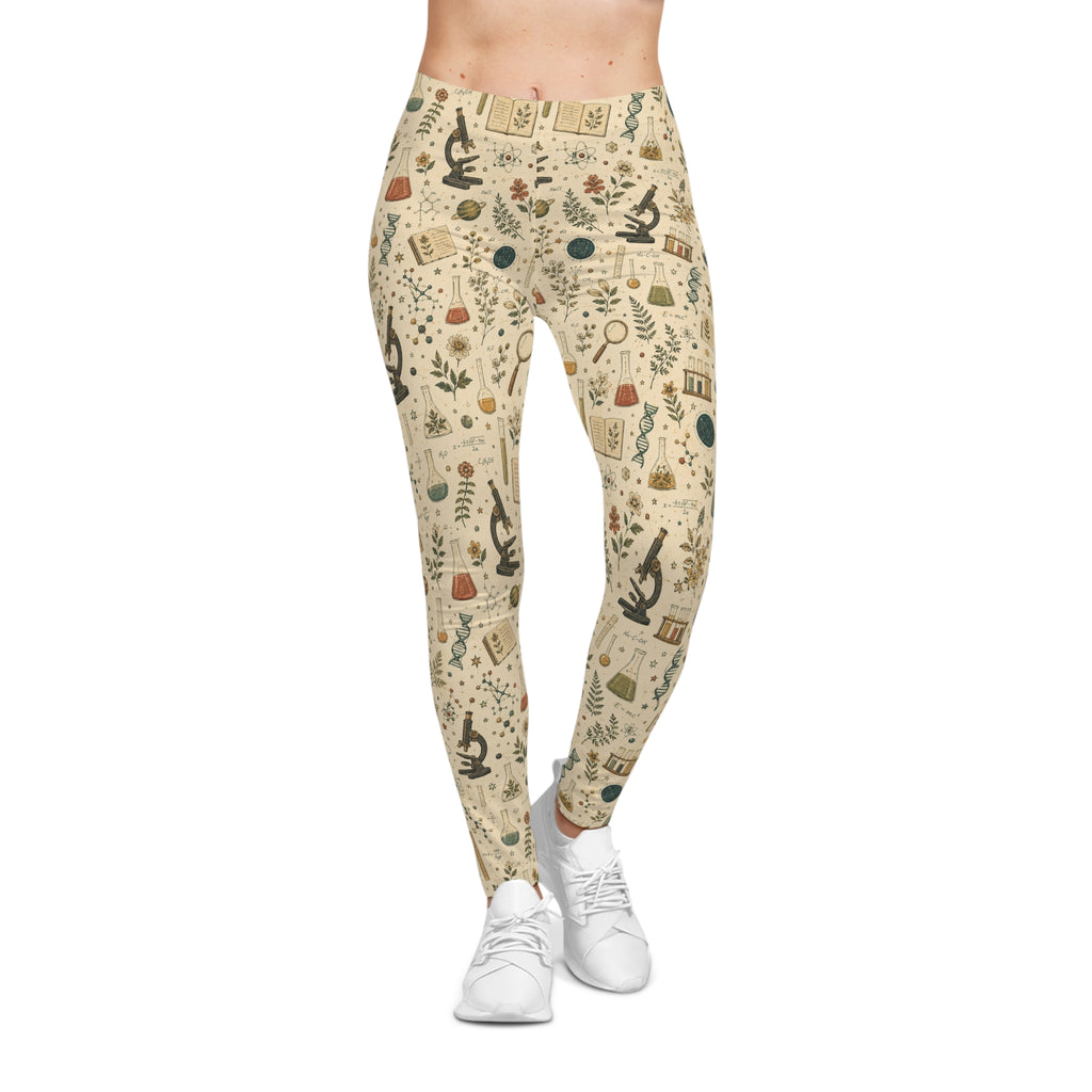Science Teacher Leggings — Beige Botanical Lab Print | All-Over STEM Leggings for Women