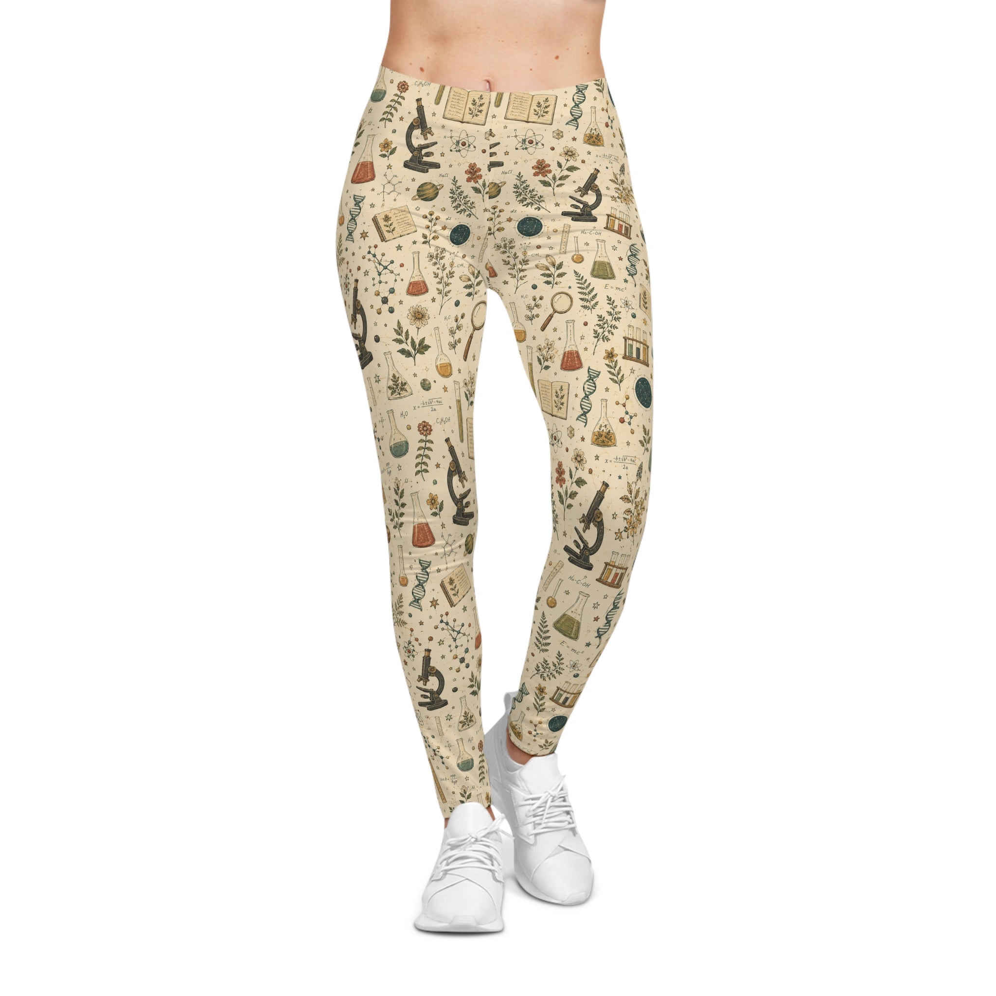 Science Teacher Leggings — Beige Botanical Lab Print | All-Over STEM Leggings for Women