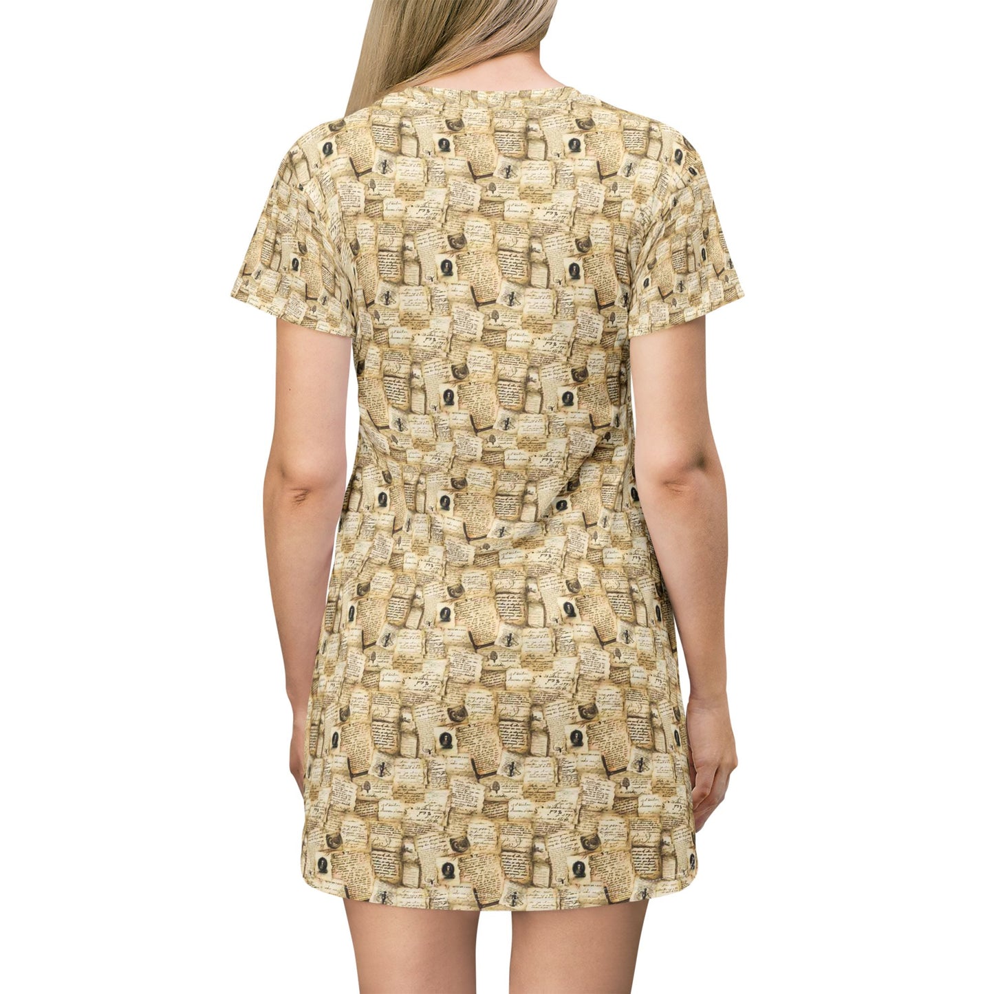 Library Teacher T-Shirt Dress — Cute Beige Dog Pattern All-Over Print